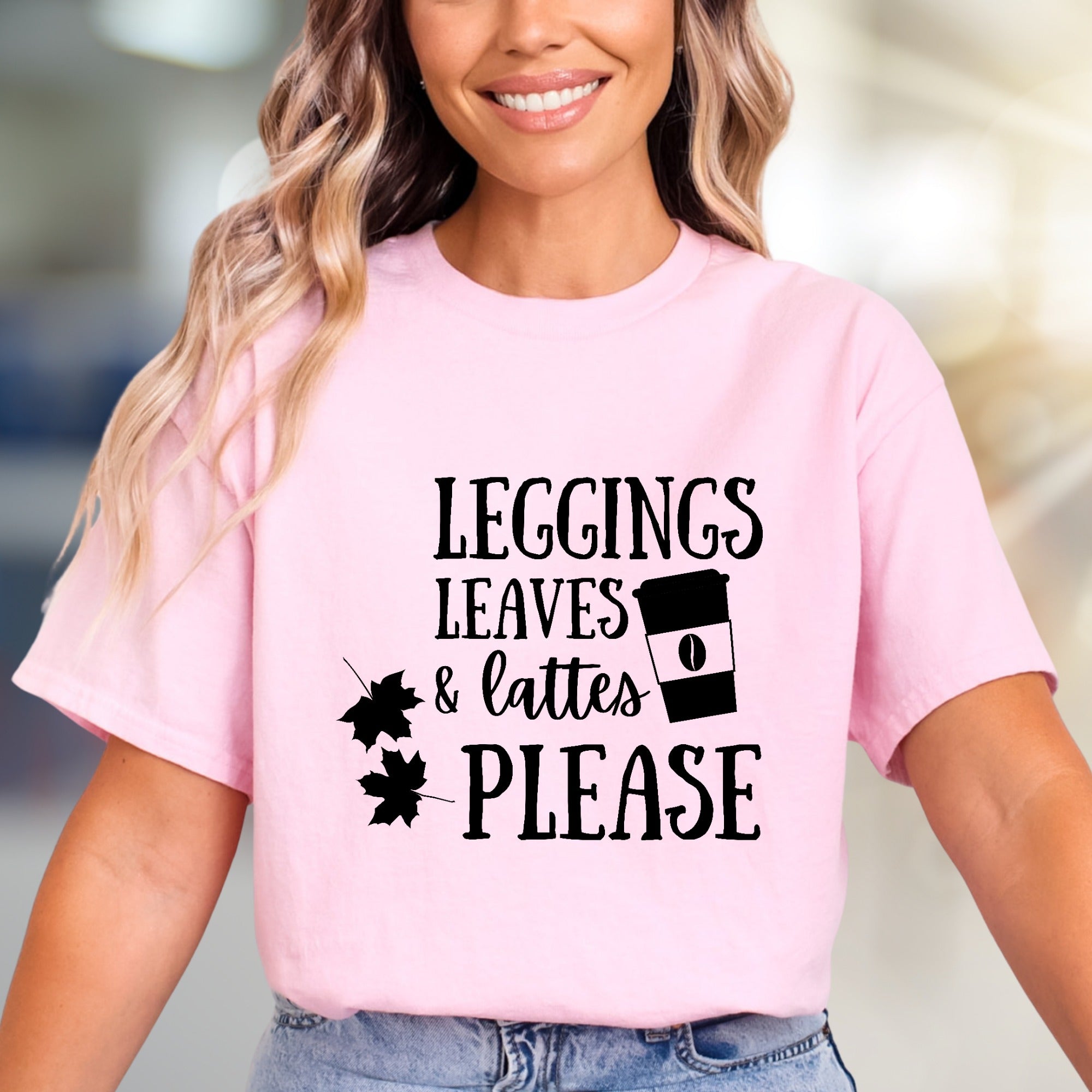 "LEGGINGS LEAVES & LATTES PLEASE" Autumn Comfort Graphic Tee, a Cozy Fall Pick for Coffee Lovers