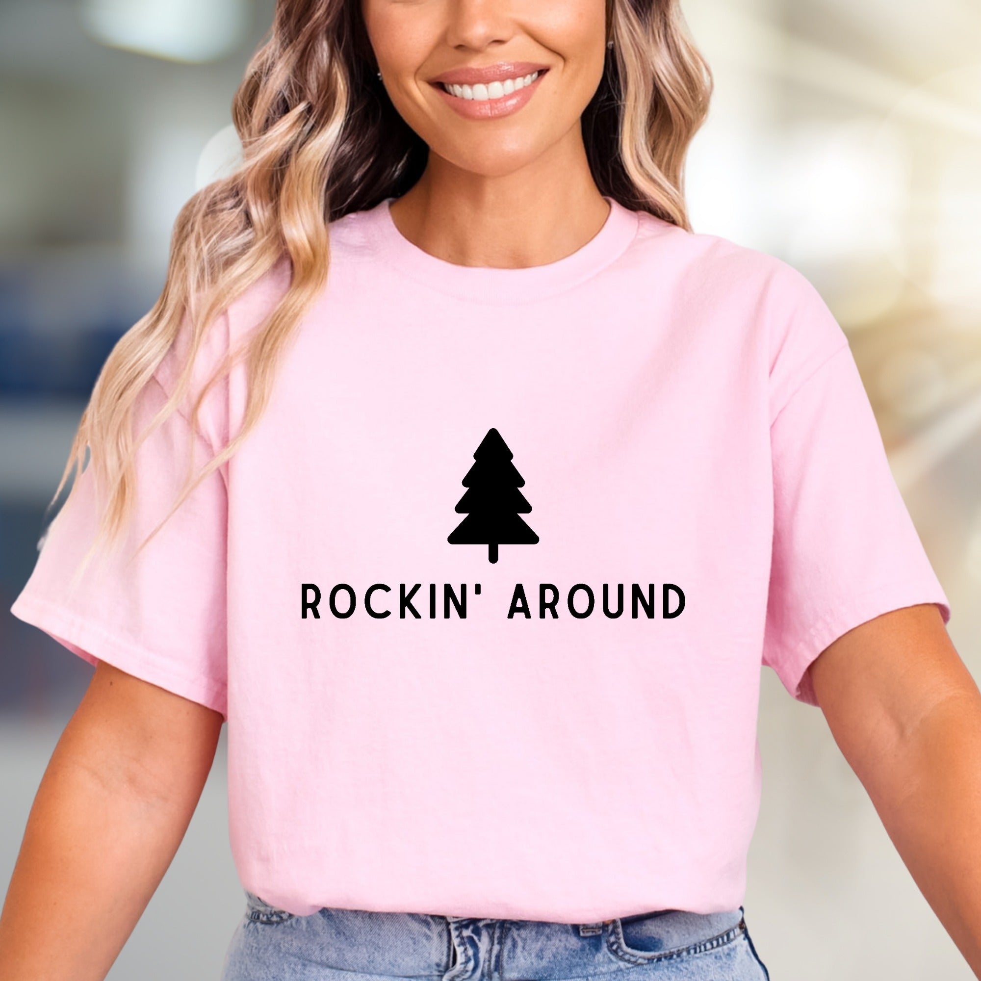 "ROCKIN' AROUND" Christmas Tree Graphic Tee, a Festive Holiday Pick for Merrymakers