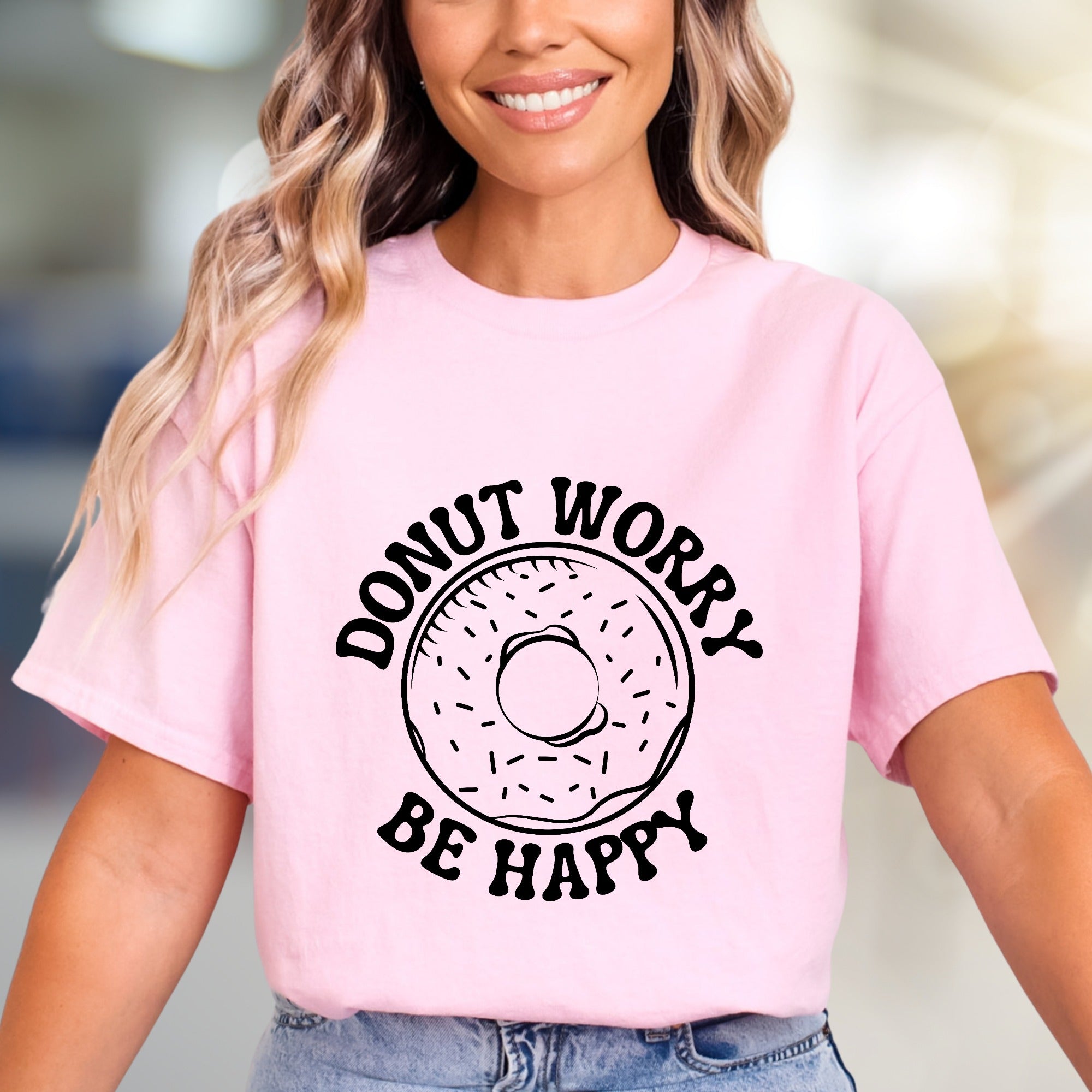 "Donut Worry Be Happy" Donut Graphic Tee, a Sweet Treat Pick for Optimists