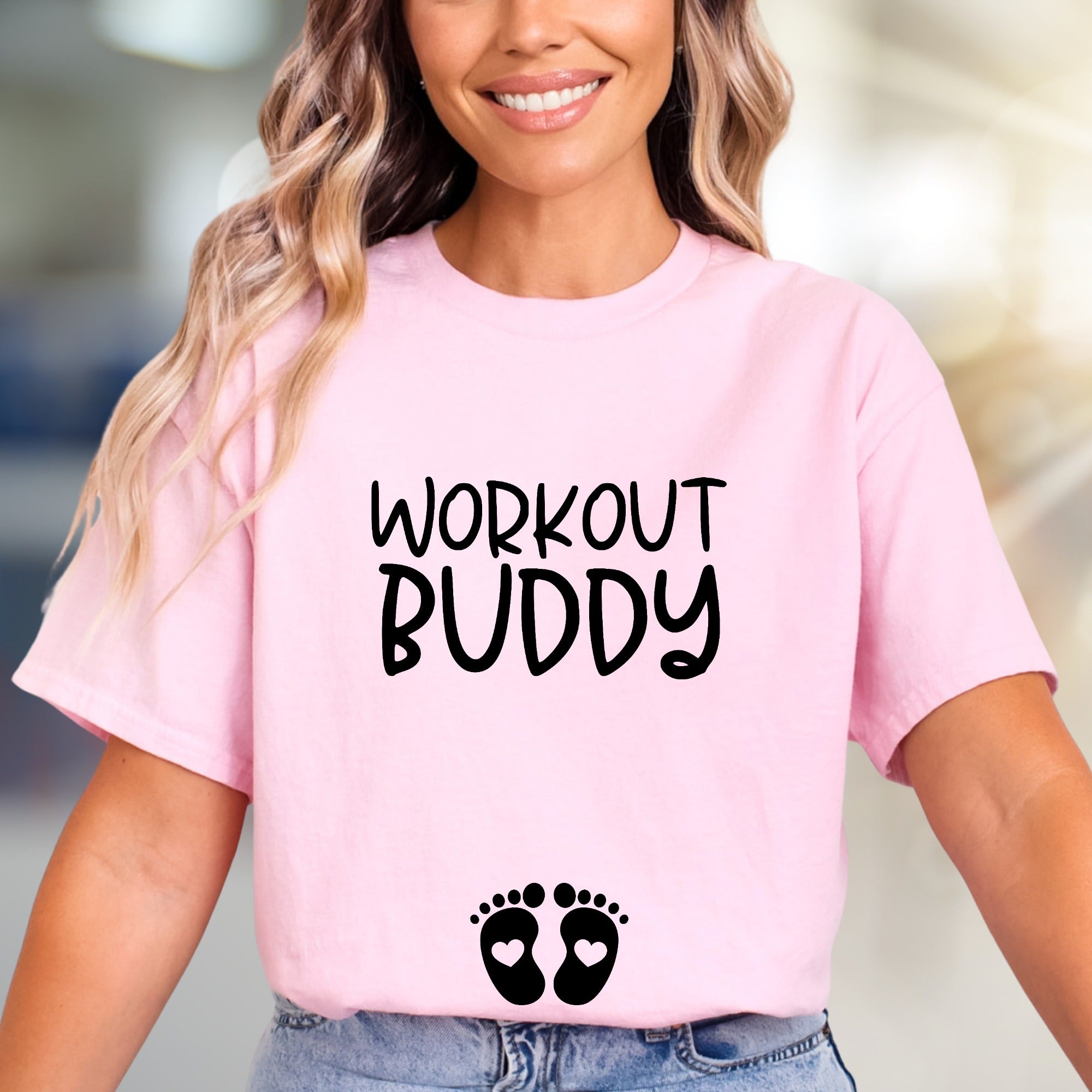 "Workout Buddy" Maternity Graphic Tee, a Pregnancy-Fit Pick for Expecting Moms