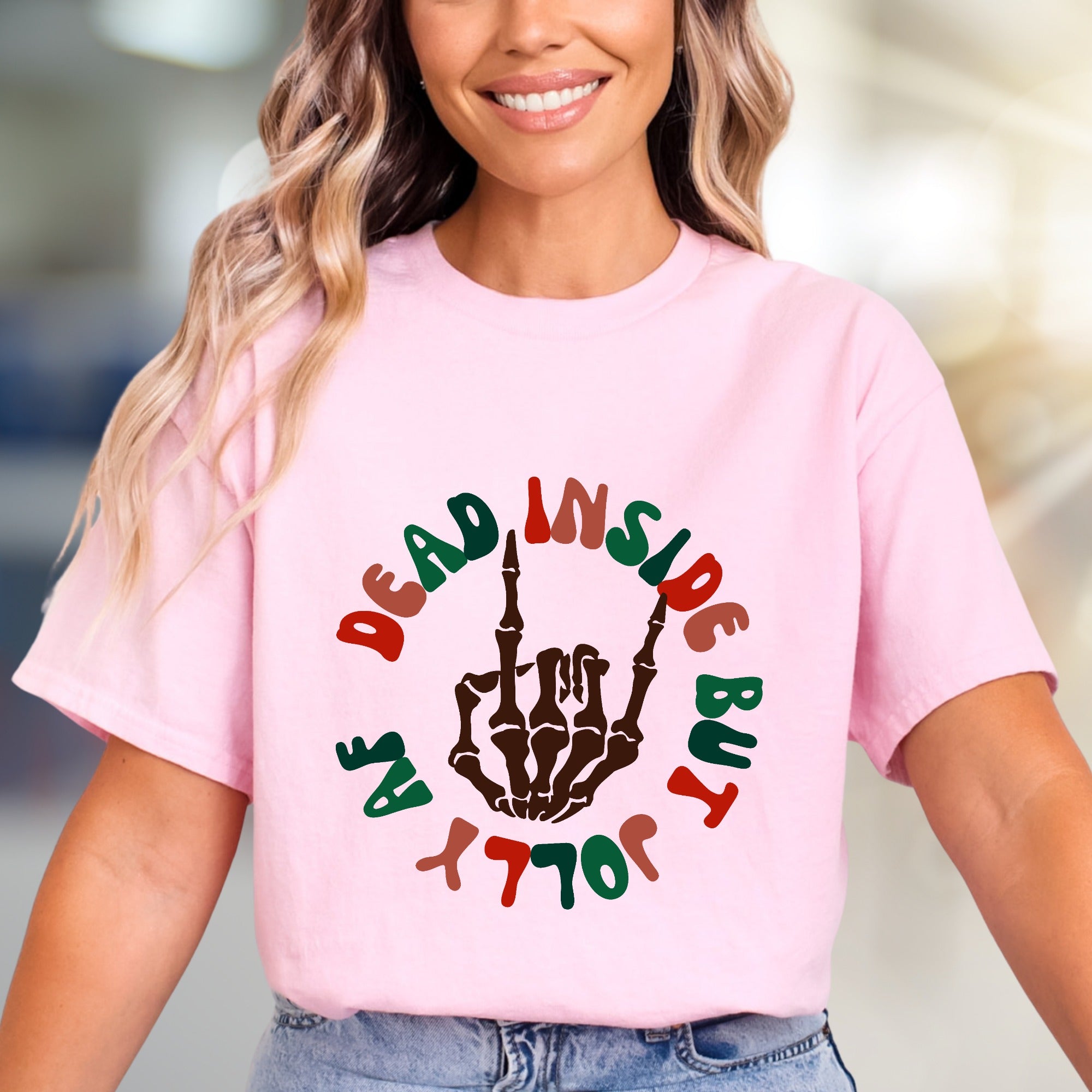 "Dead Inside But Jolly AF" Christmas Skeleton Graphic Tee, a Witty Holiday Pick for Festive Souls