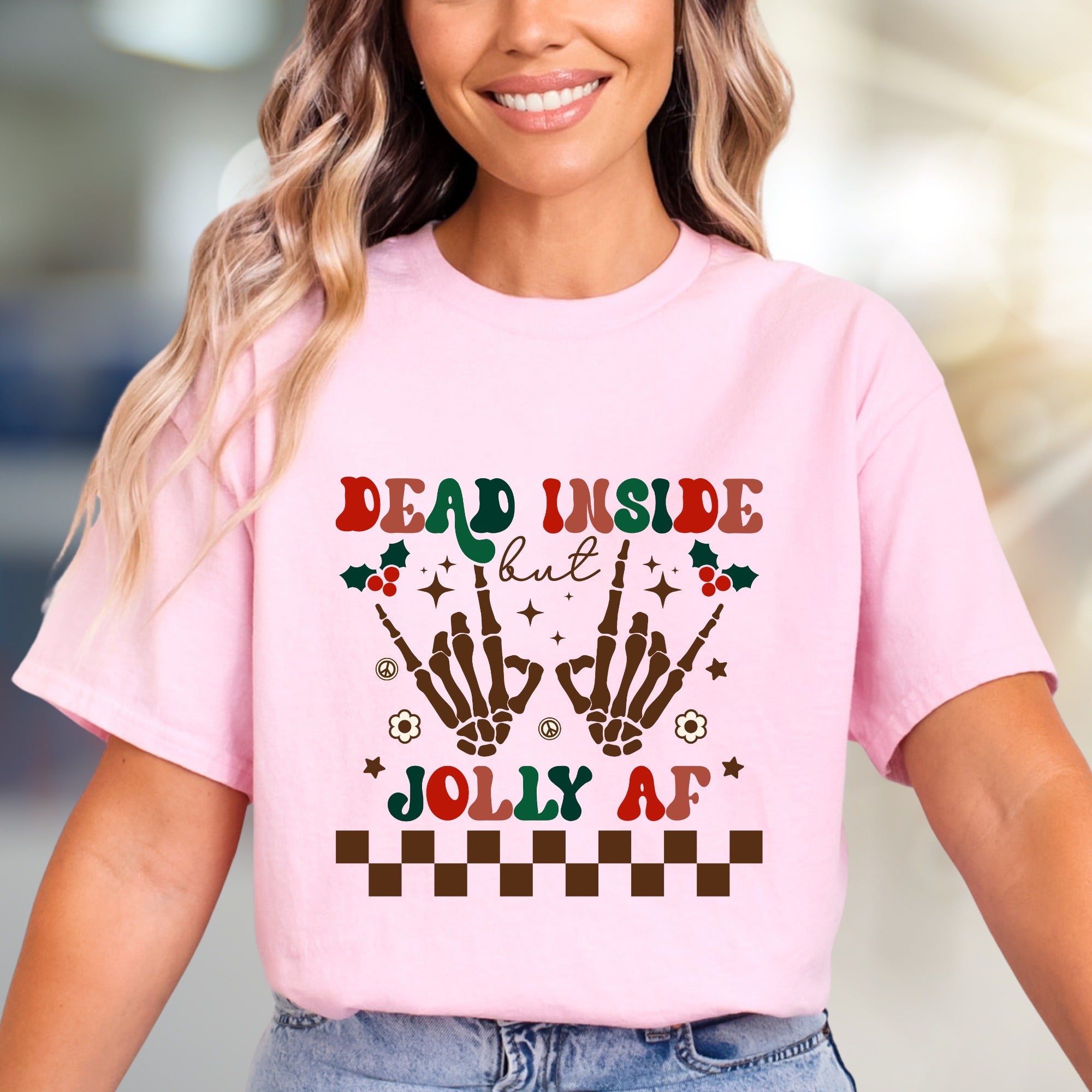 "Dead Inside But Jolly AF" Christmas Skeleton Graphic Tee, A Humorous Holiday Pick for Festive Vibes