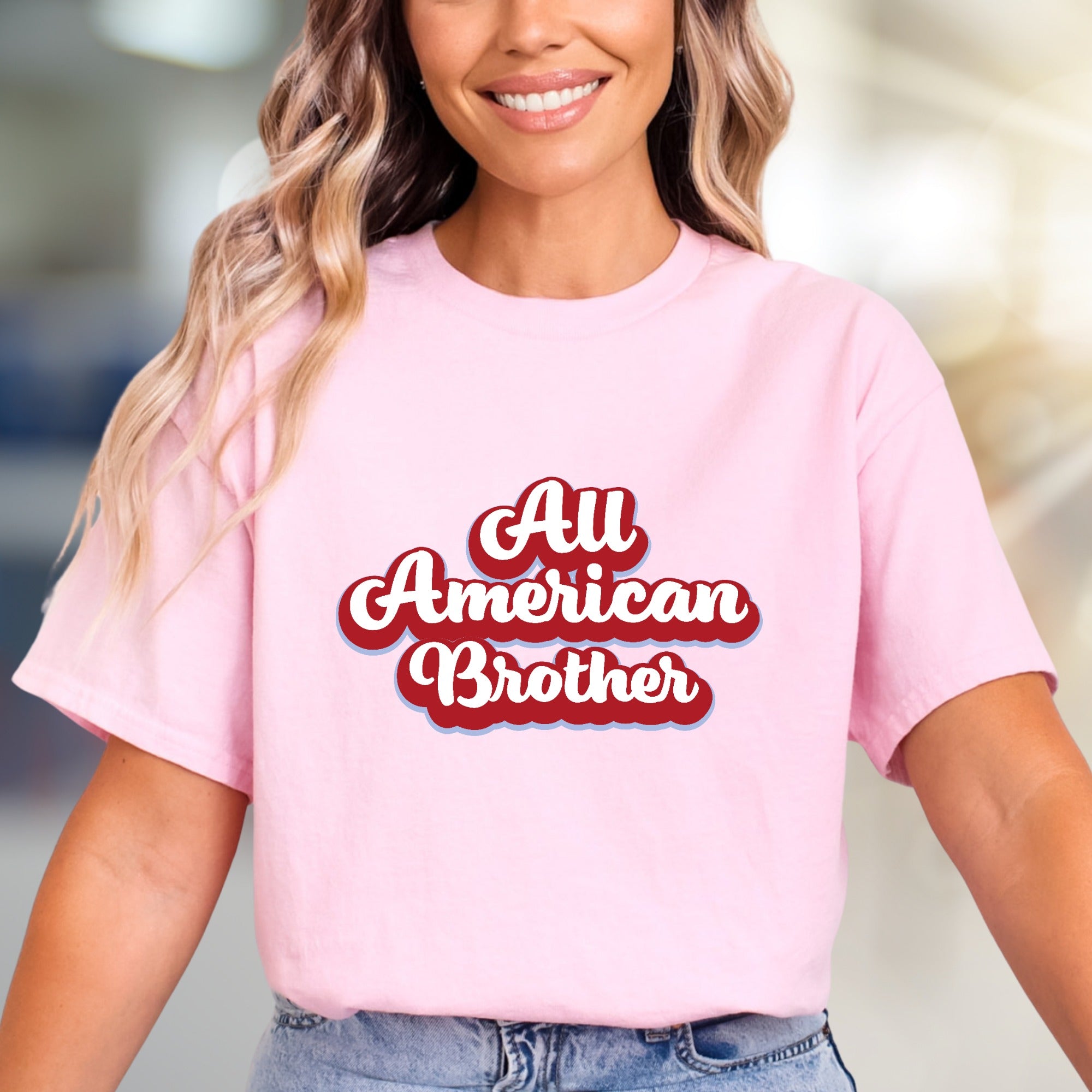 "All American Brother" Retro Script Graphic Tee, a Patriotic Pick for Family