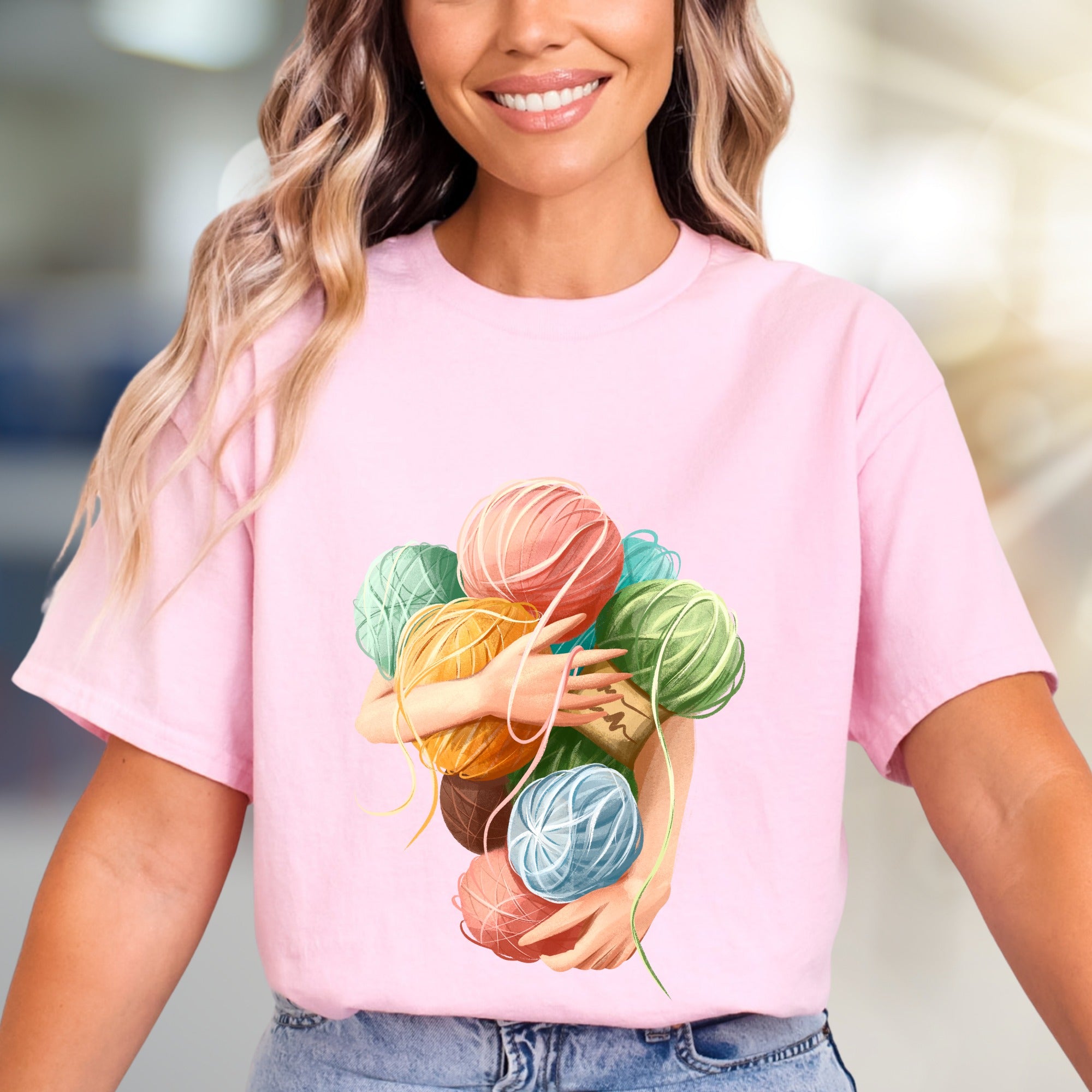 Hugging Yarn Balls Graphic Tee, A Crafty Pick for Makers