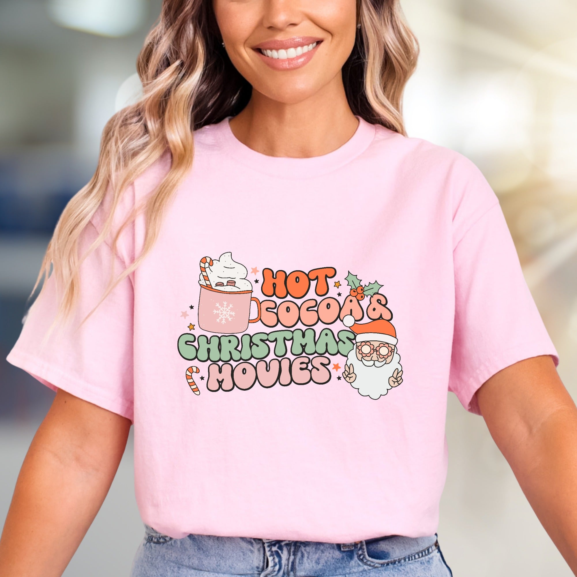 "Hot Cocoa & Christmas Movies" Retro Graphic Tee, a Festive Comfort Pick for Holiday Enthusiasts