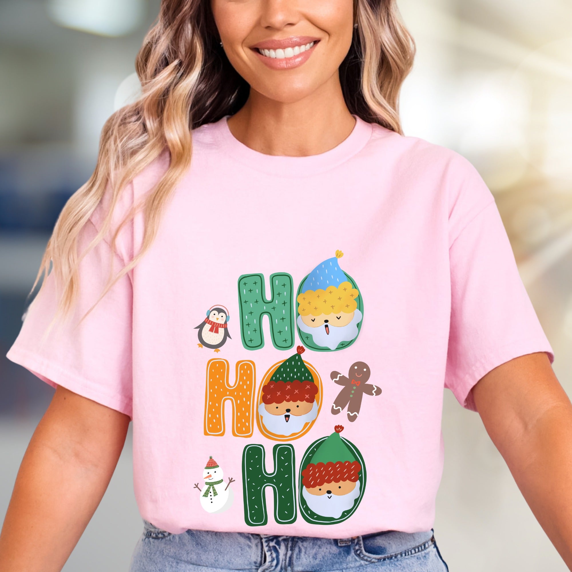 "HO HO HO" Christmas Characters Graphic Tee, a Festive Holiday Pick for Merrymakers