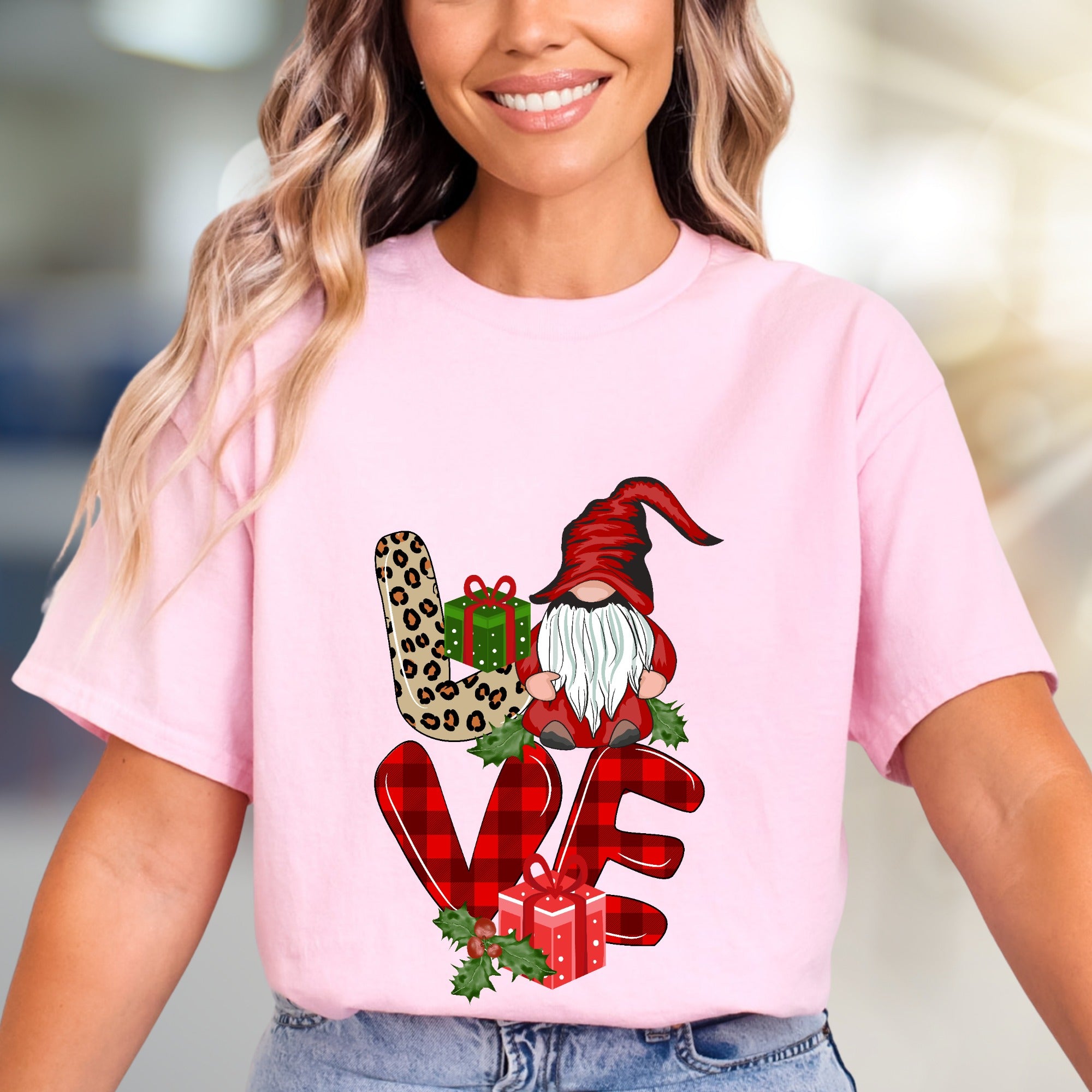 "LOVE" Gnome Leopard Plaid Graphic Tee, a Festive Holiday Gift for Her