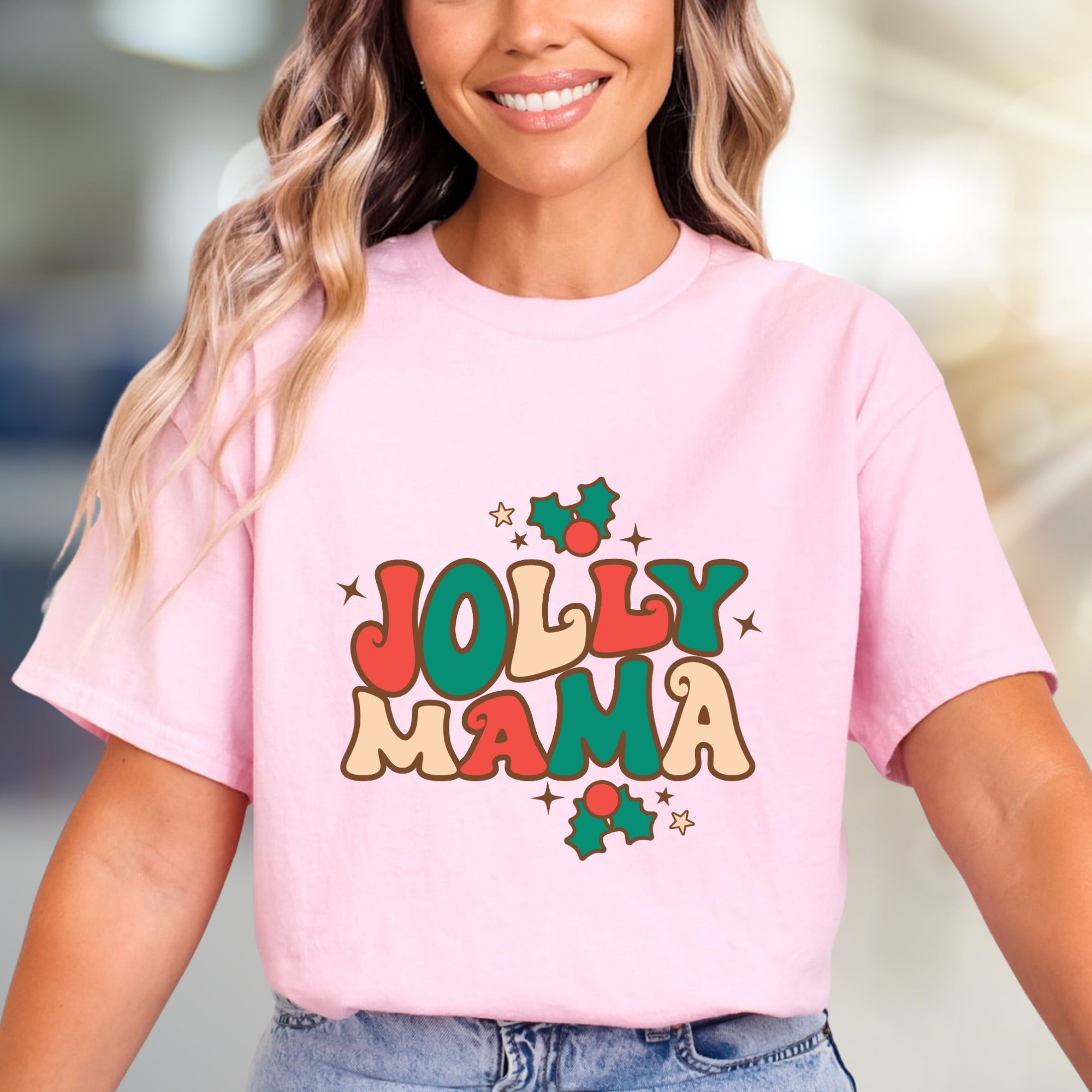 "Jolly Mama" Retro Christmas Graphic Tee, a Festive Pick for Merry Moms