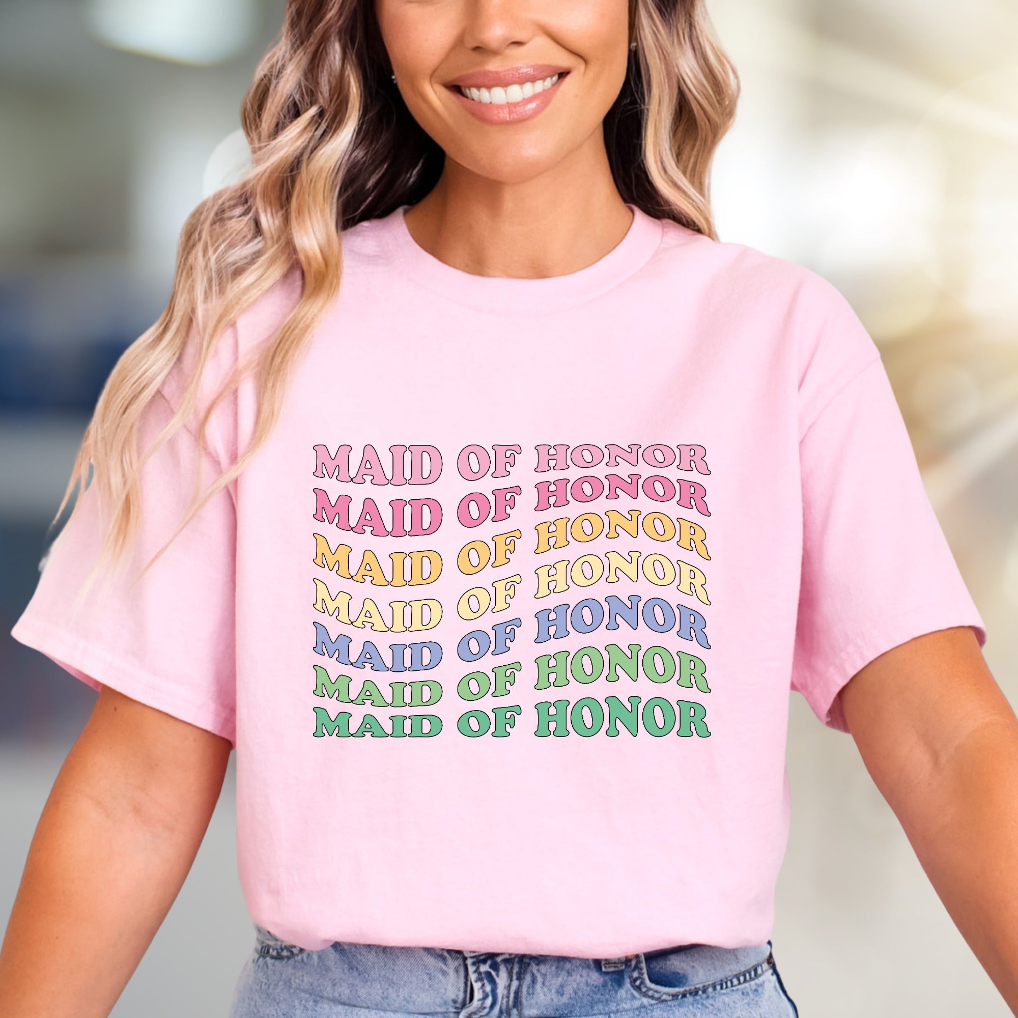 "Maid of Honor" Rainbow Retro Graphic Tee, a Bridal Party Pick for Her