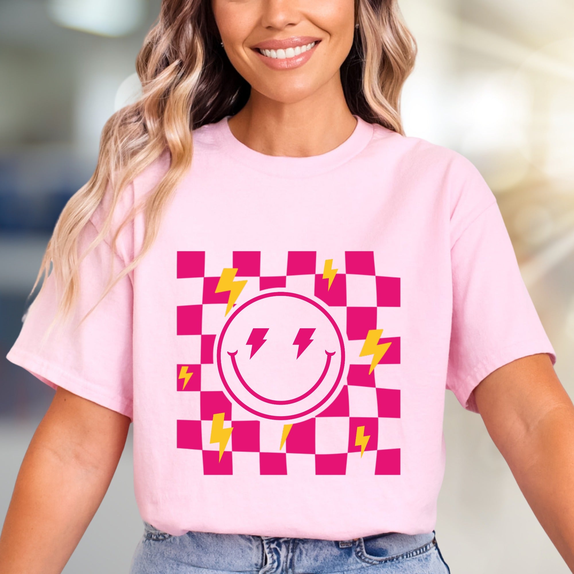 Neon Checkerboard Lightning Smiley Face Graphic Tee, a Bold Y2K Pick for Trendsetters