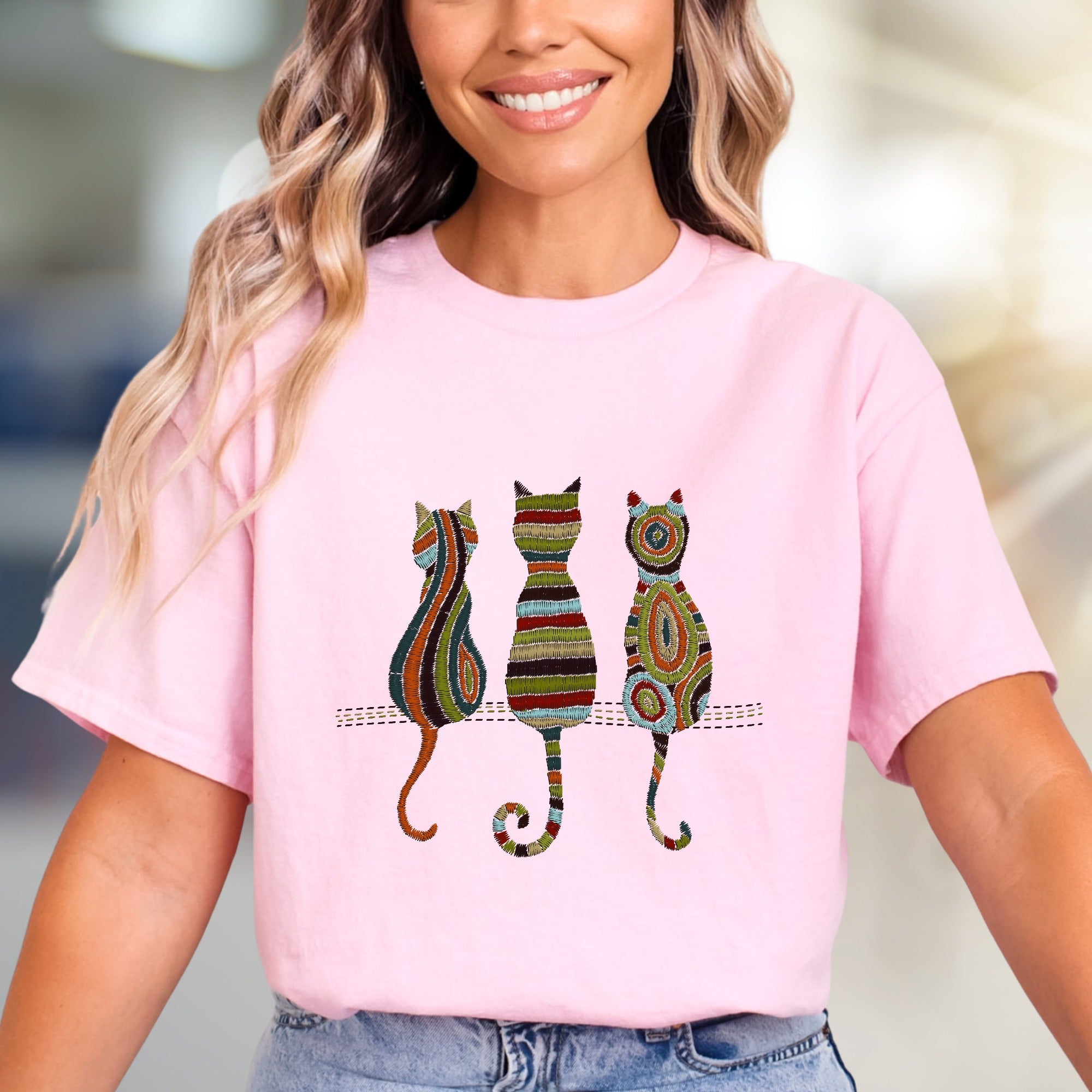 Abstract Cat Trio Art Graphic Tee, A Bohemian Chic Pick for Feline Lovers