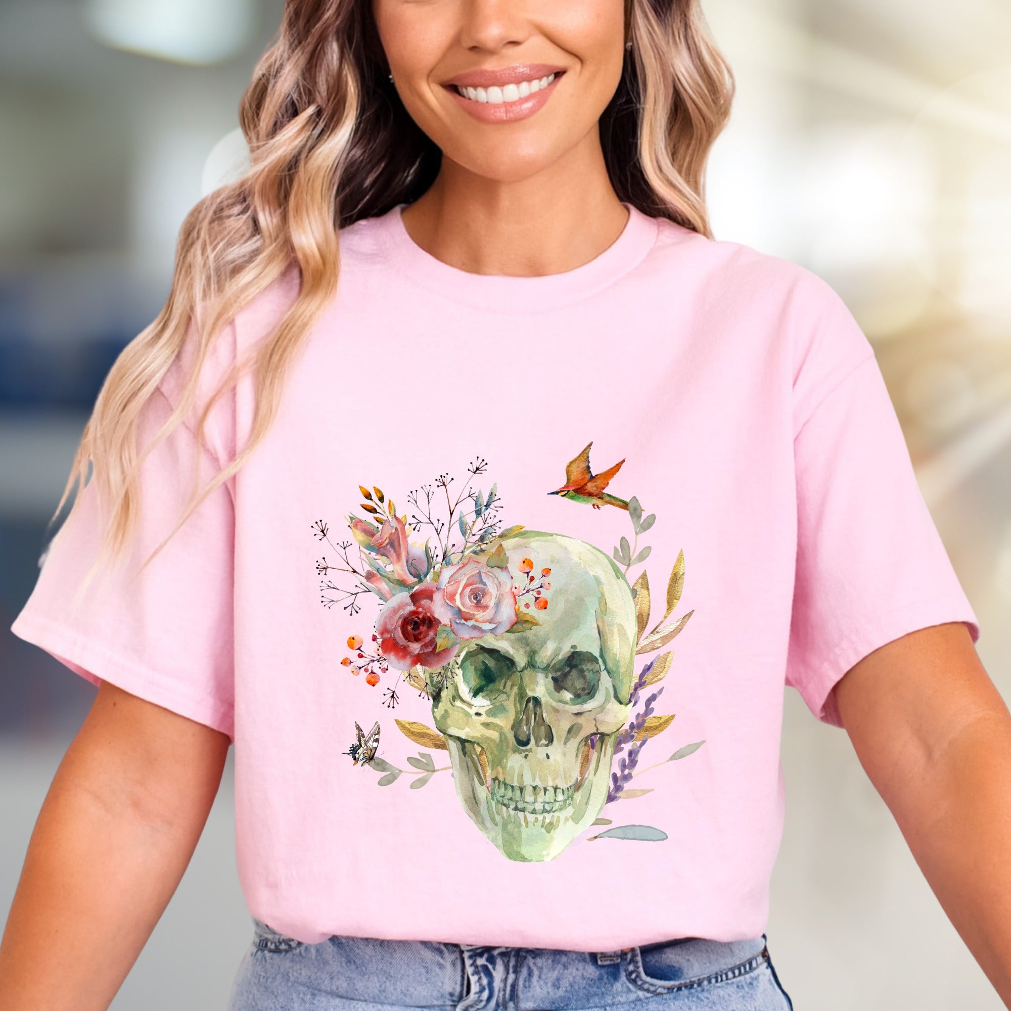 Floral Skull Watercolor Graphic Tee, a Nature-Inspired Pick for Art Lovers