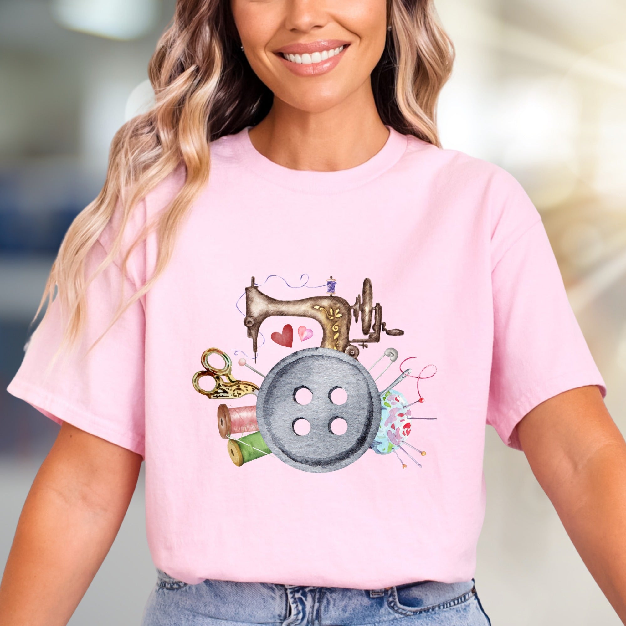 Sewing Machine & Crafty Button Graphic Tee, a Hobbyist's Style Pick for Creators