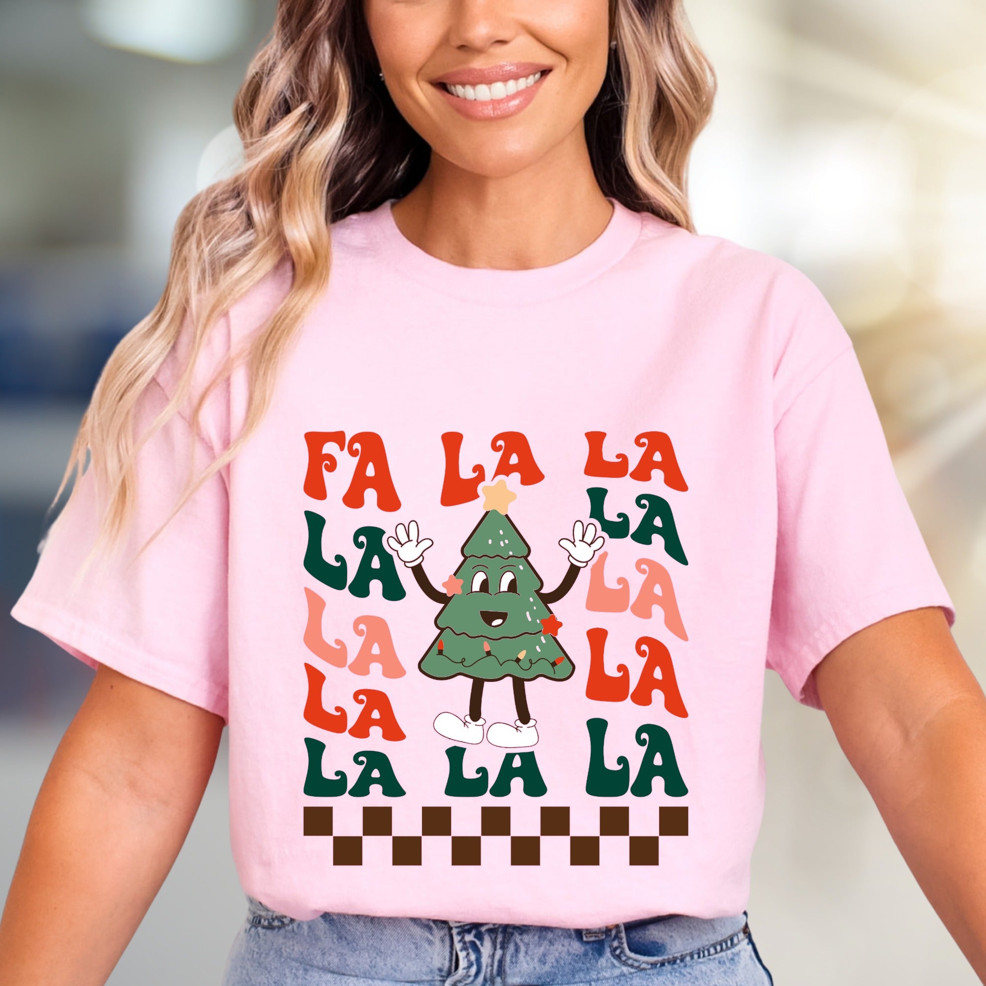 "FA LA LA" Retro Christmas Tree Graphic Tee, A Festive Holiday Pick for Enthusiasts