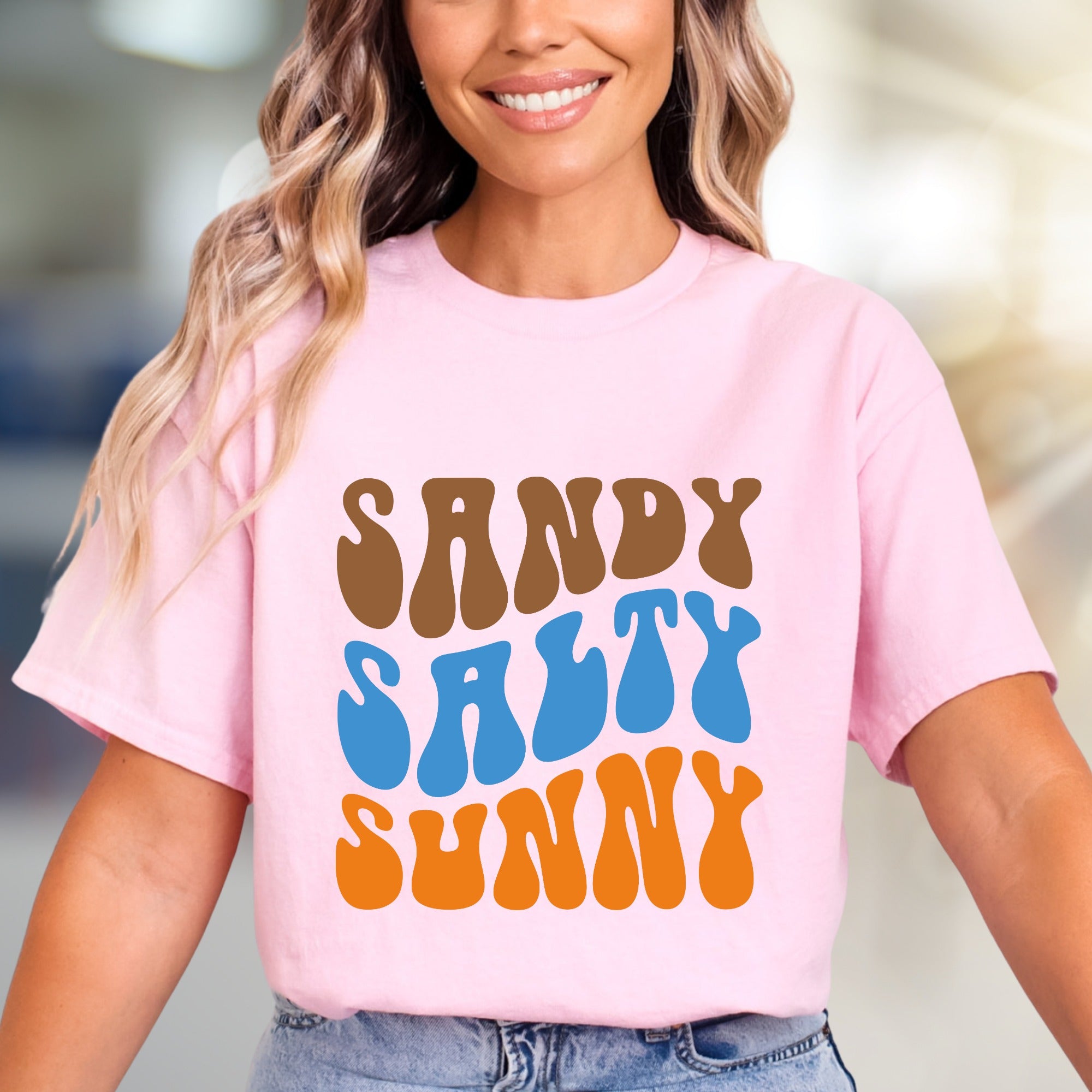 "Sandy Salty Sunny" Retro Summer Graphic Tee, a Beach Lover's Relaxed Pick