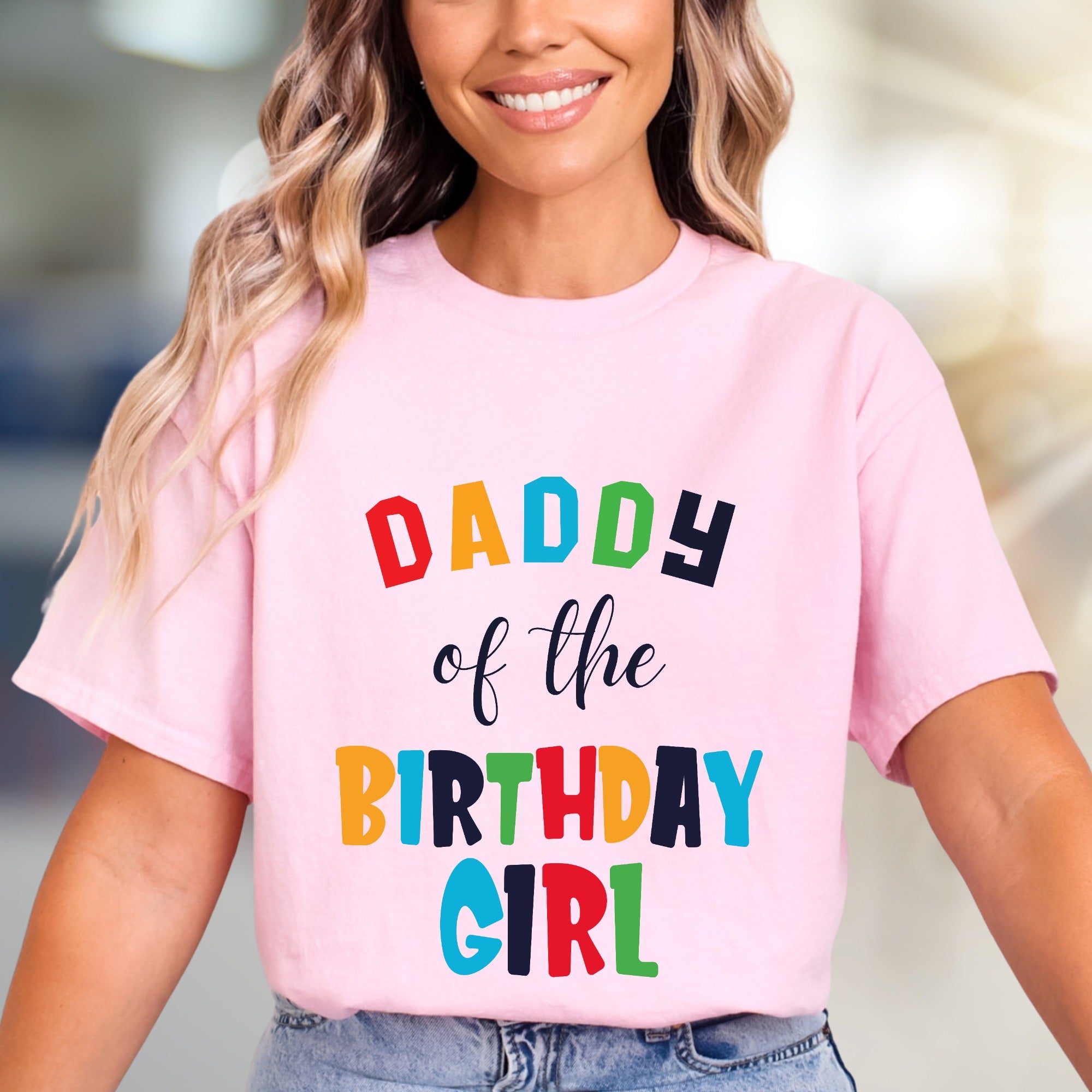 "DADDY of the BIRTHDAY GIRL" Colorful Block Letters Graphic Tee, a Celebration Pick for Fathers and Family