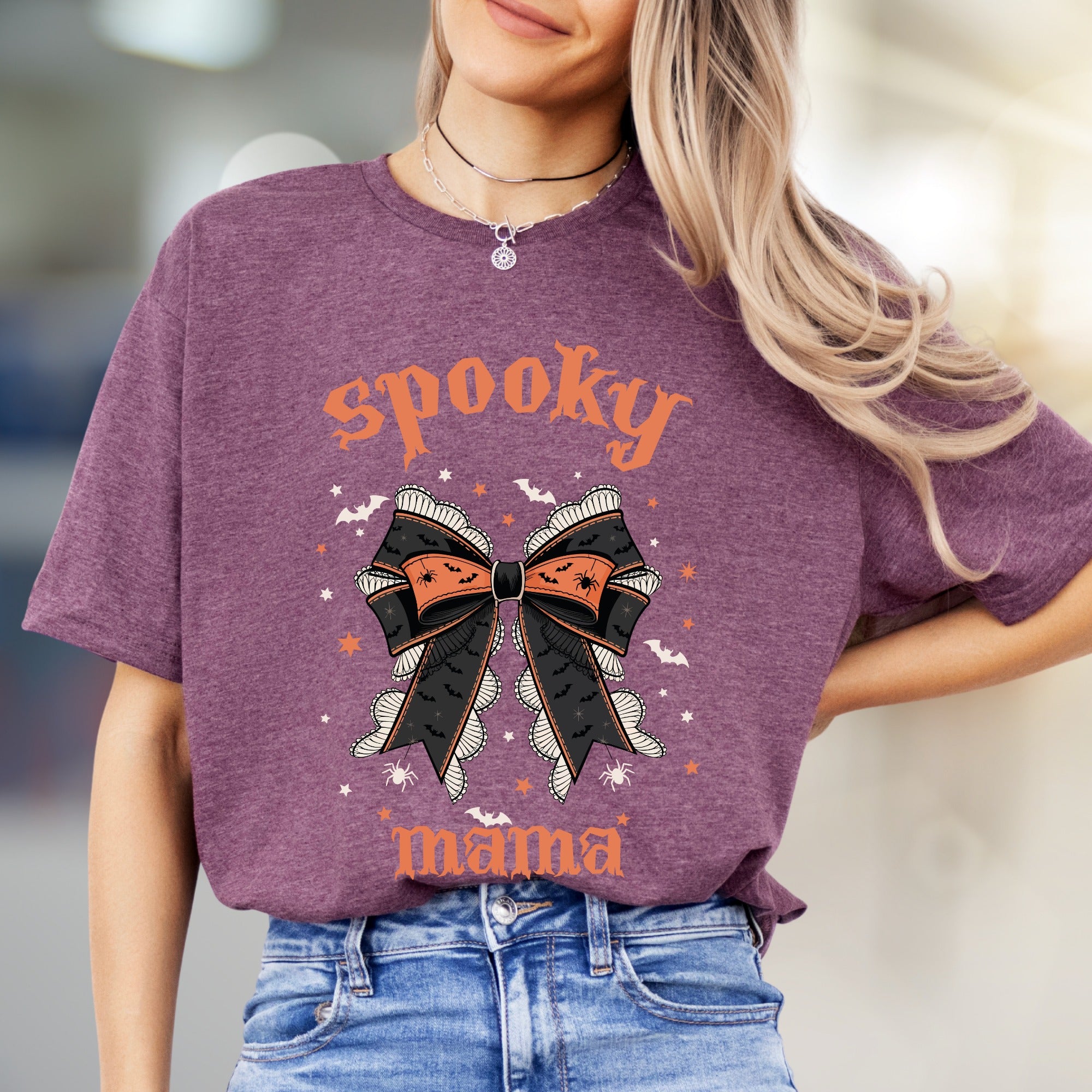 "Spooky Mama" Halloween Bow Graphic Tee, a Gothic-Chic Pick for Moms