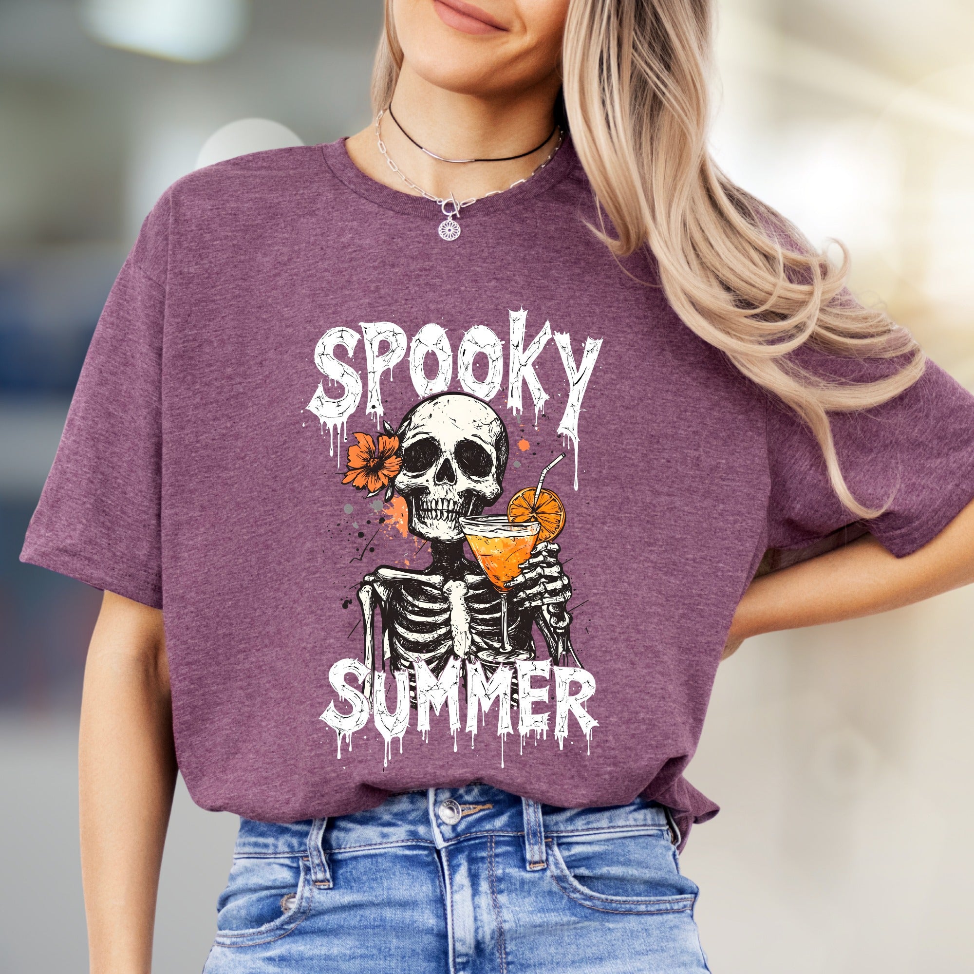 "Spooky Summer" Skeleton Cocktail Graphic Tee, a Gothic Beach Pick for Dark Humor Enthusiasts