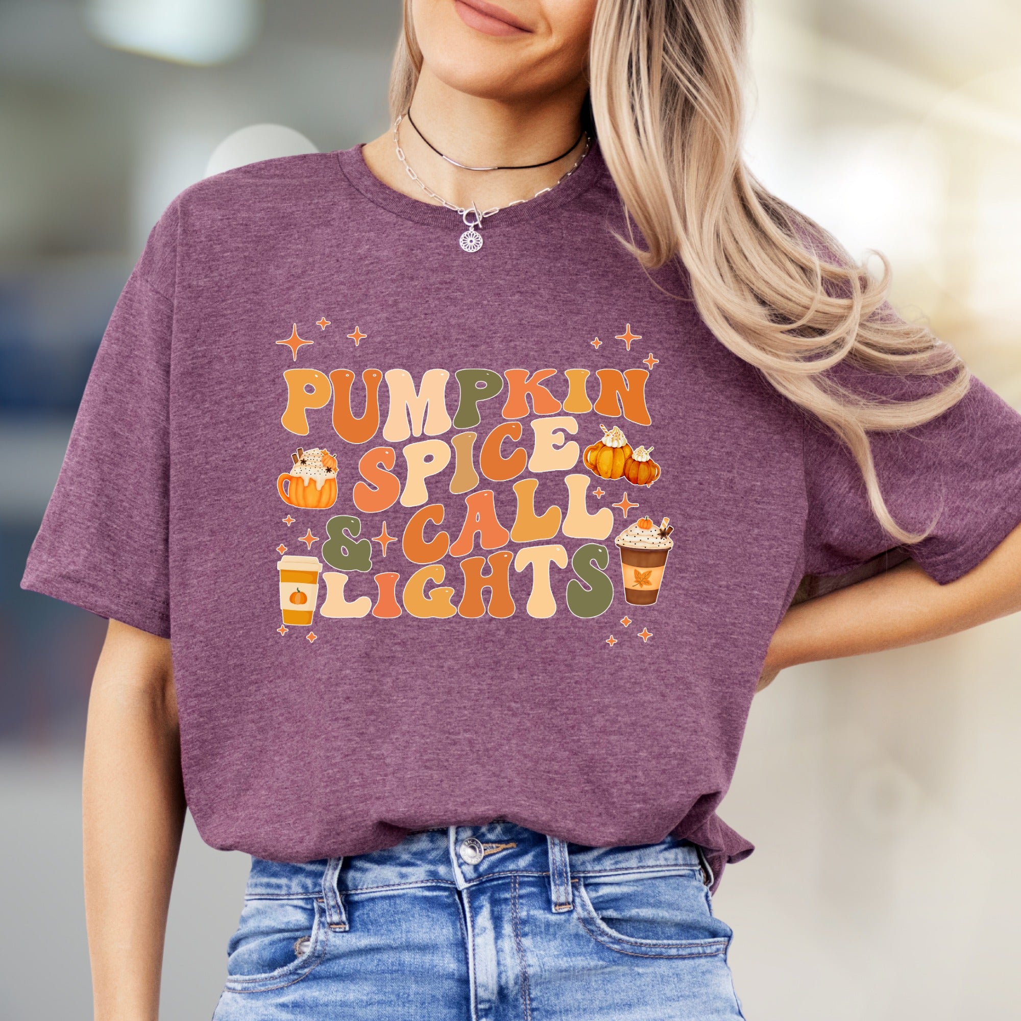 "Pumpkin Spice & Call Lights" Retro Fall Graphic Tee, a Seasonal Comfort Pick for Autumn Lovers