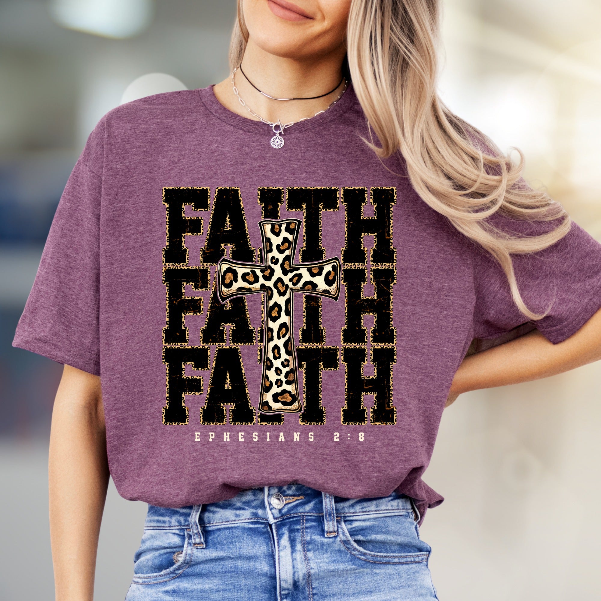 "Faith Ephesians 2:8" Leopard Print Cross Graphic Tee, a Spiritual Boho Pick for Believers