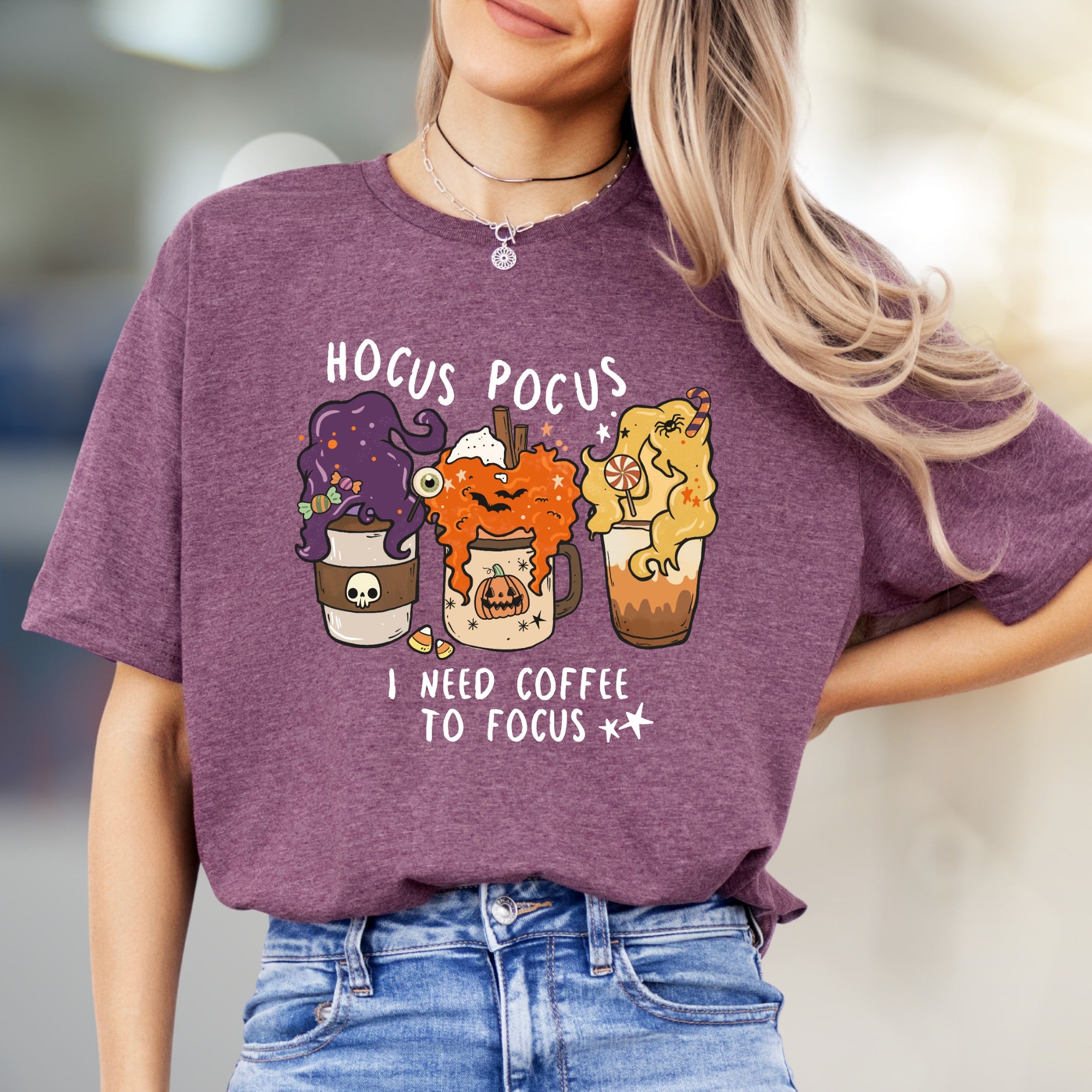 "Hocus Pocus I Need Coffee to Focus" Halloween Coffee Graphic Tee, a Spooky Funny Pick for Caffeine Lovers