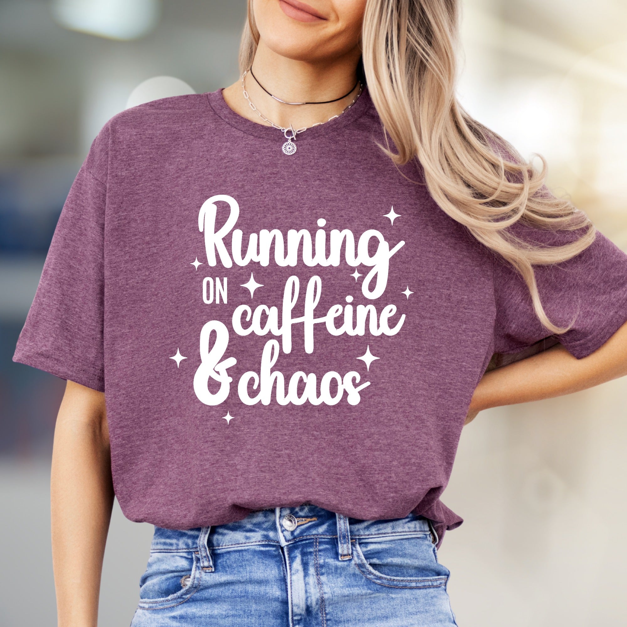 "Running on Caffeine & Chaos" Graphic Tee, a Witty Pick for Coffee Lovers