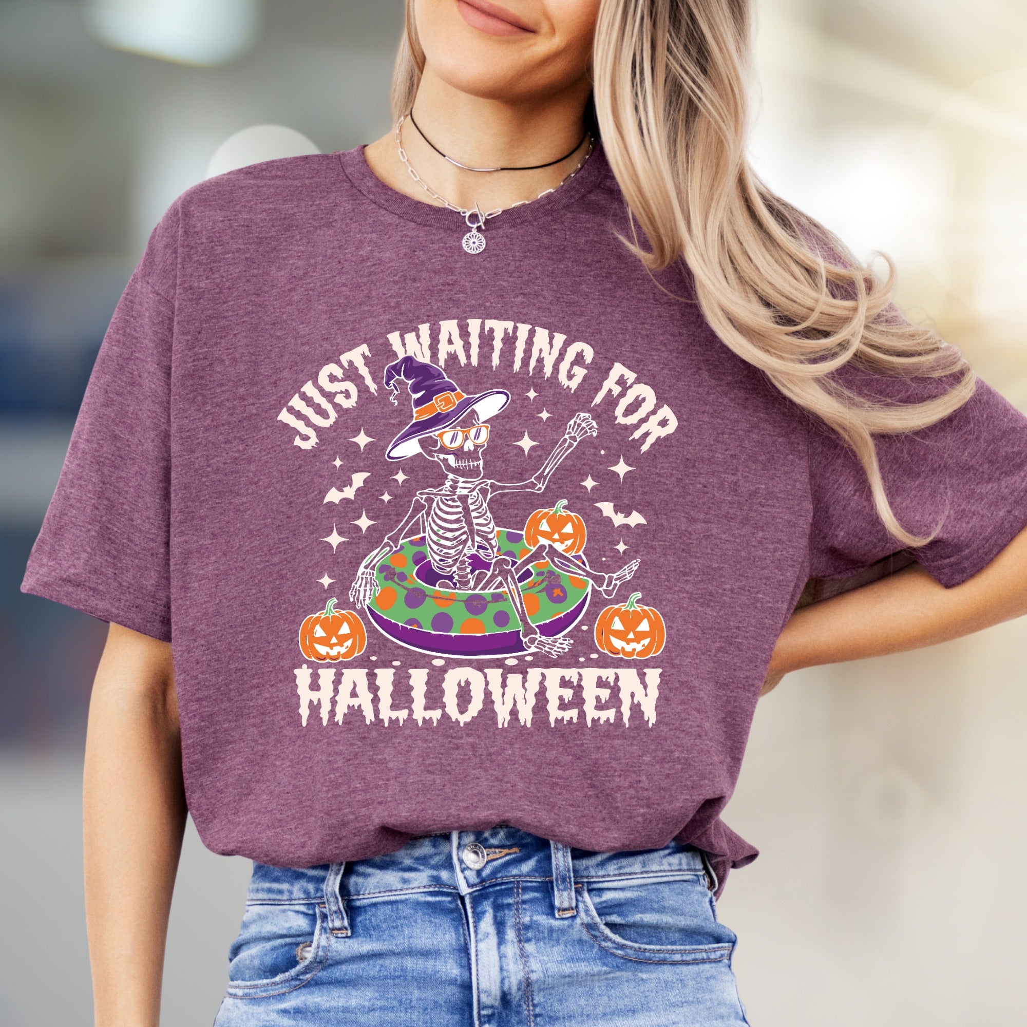 "JUST WAITING FOR HALLOWEEN" Spooky Skeleton Graphic Tee, a Funny Holiday Pick for Spooky Season Lovers