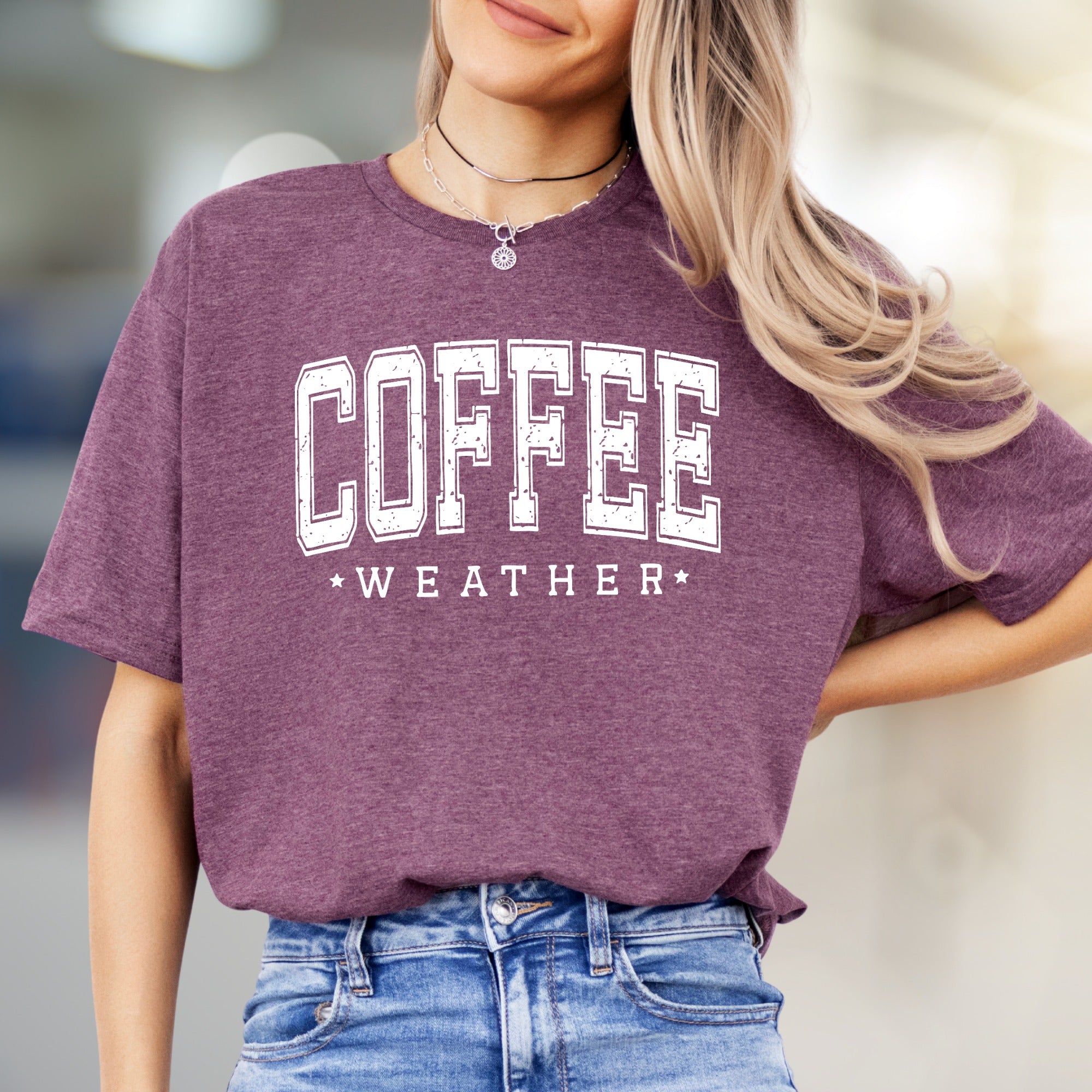 "Coffee Weather" Rustic Collegiate Graphic Tee, a Cozy Pick for Beverage Lovers