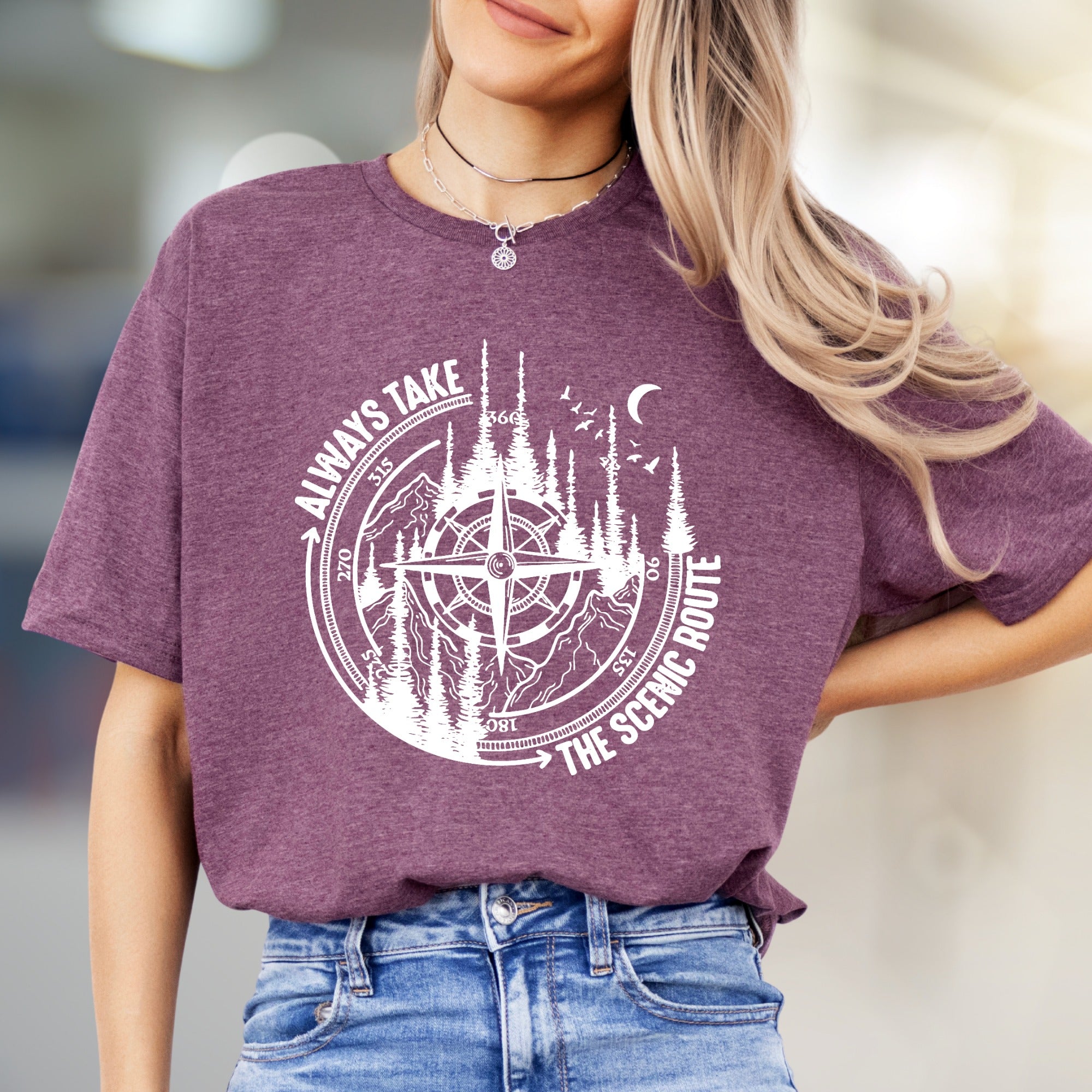 "Always Take The Scenic Route" Wilderness Compass Graphic Tee, an Adventure Enthusiast Pick for Outdoor Lovers