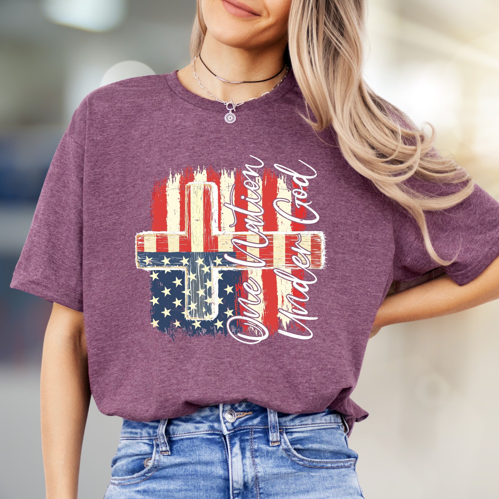 "One Nation Under God" Distressed Flag Cross Tee, a Patriotic Faith Statement