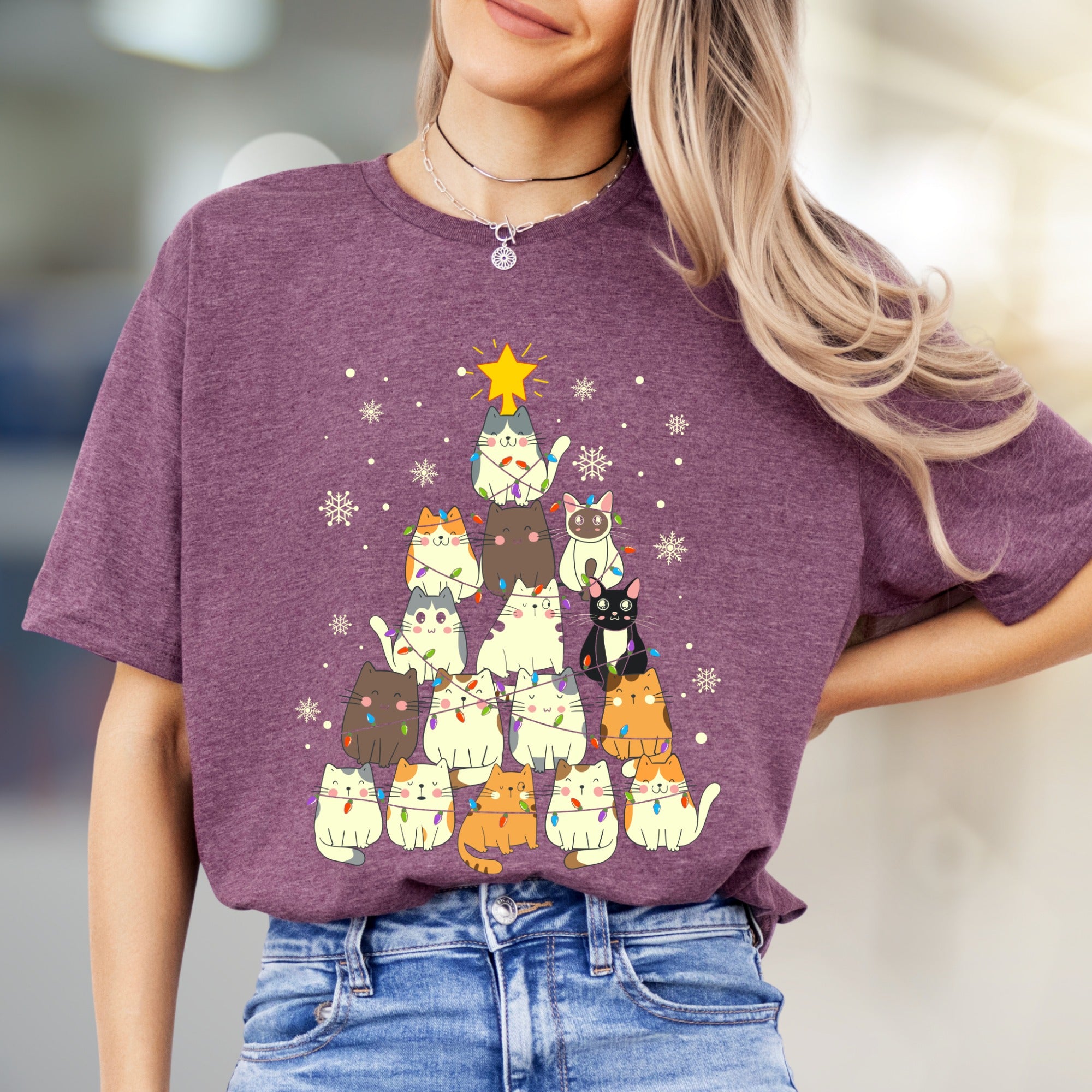 Charming Cat Christmas Tree Graphic Tee, A Cozy Holiday Pick for Pet Lovers