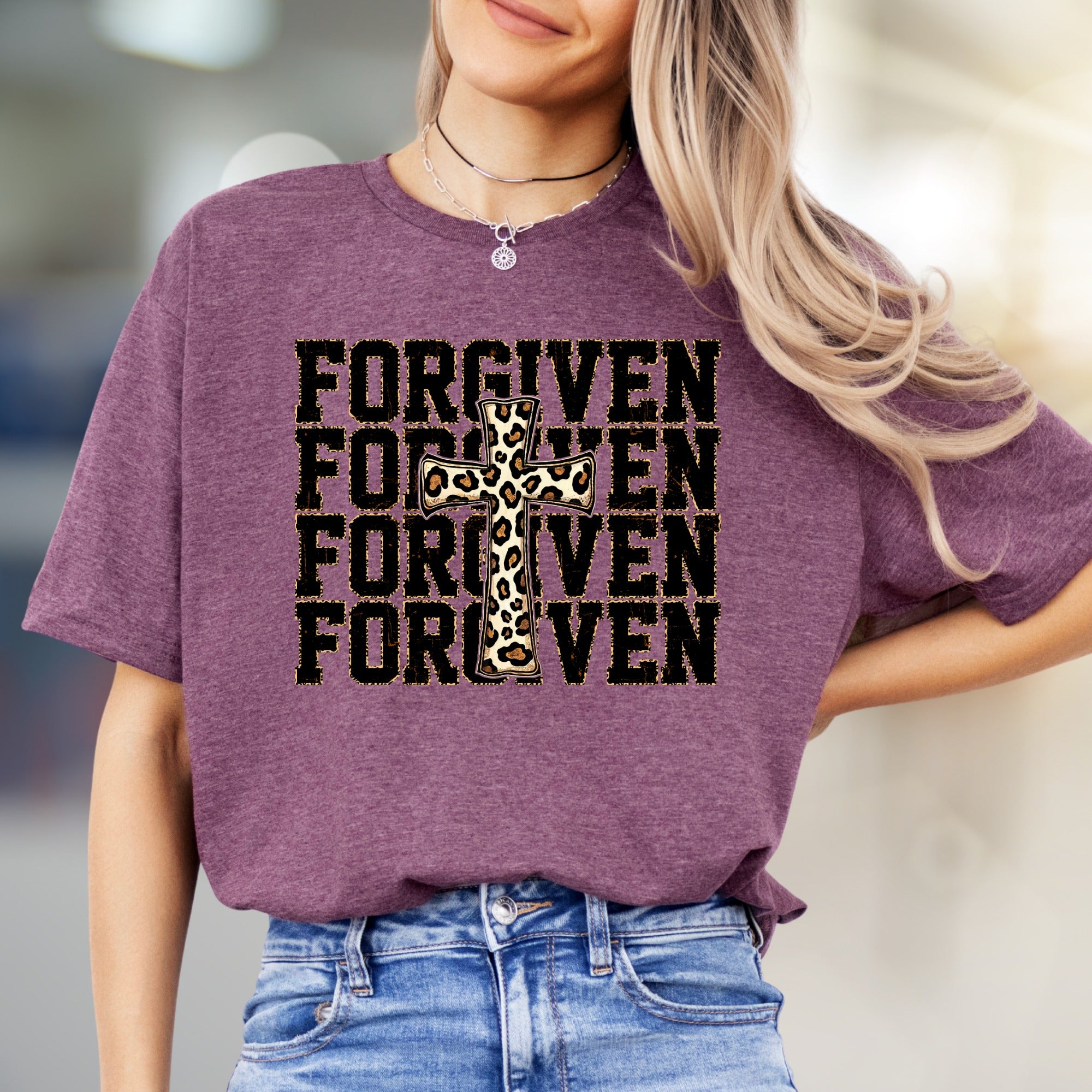 "FORGIVEN" Leopard Cross Graphic Tee, a Faith-Inspired Statement for Believers