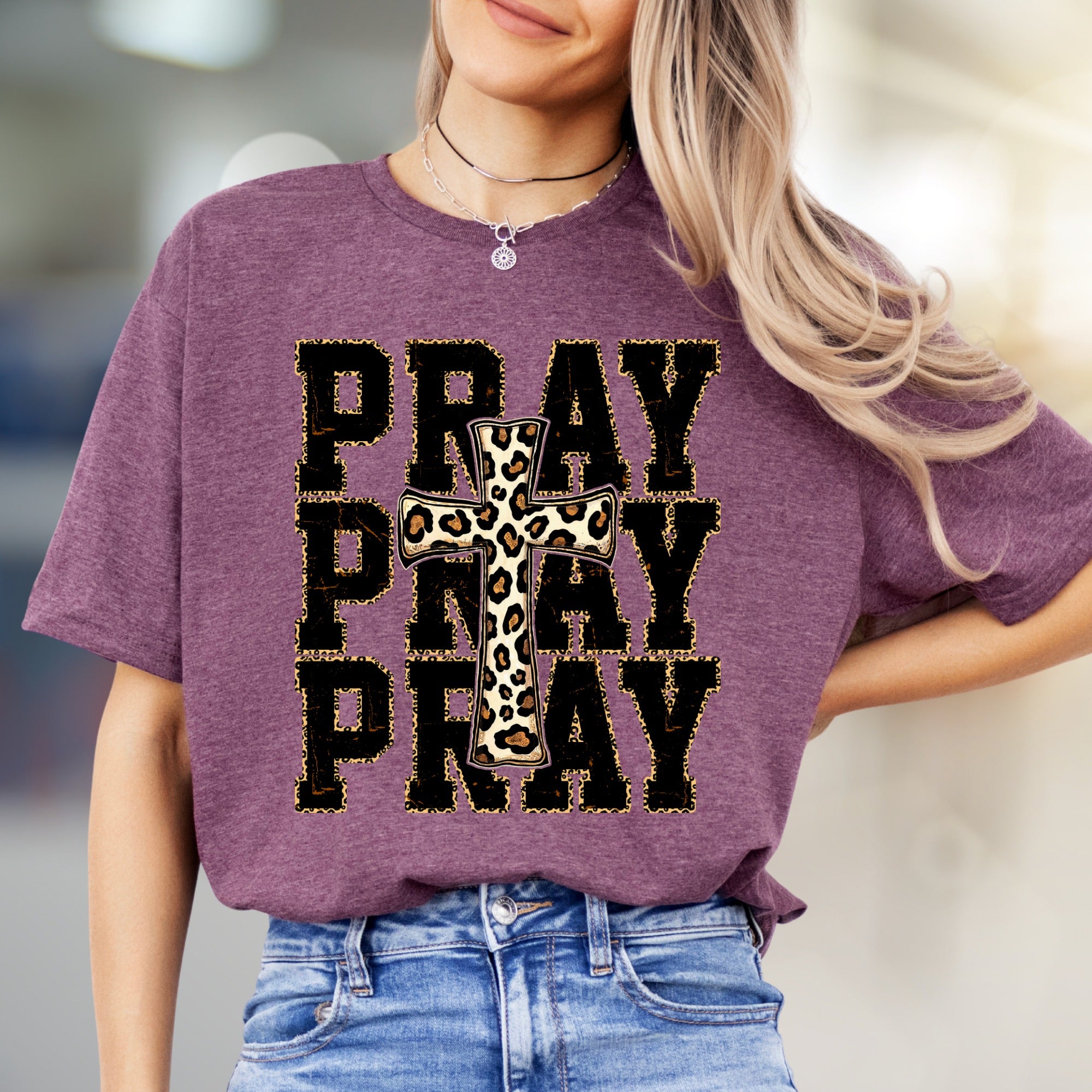 "PRAY" Leopard Print Cross Graphic Tee, a Faith-Inspired Western Pick for Her