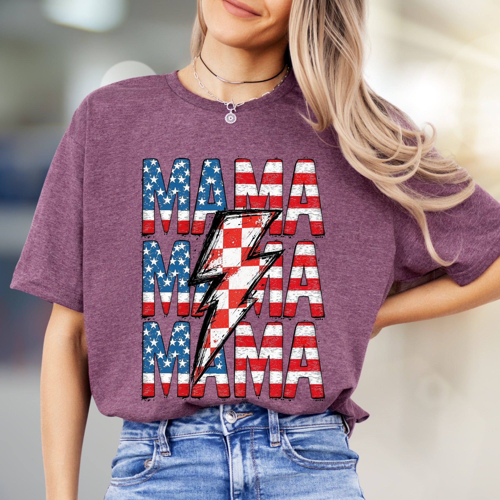 "MAMA" American Flag Lightning Bolt Graphic Tee, a Patriotic Pick for Proud Moms
