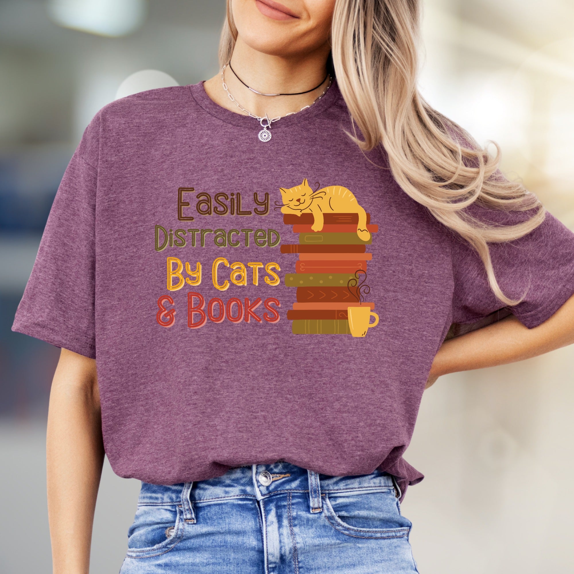 "Easily Distracted By Cats & Books" Cozy Reader Graphic Tee, a Feline Fan Pick for Book Lovers