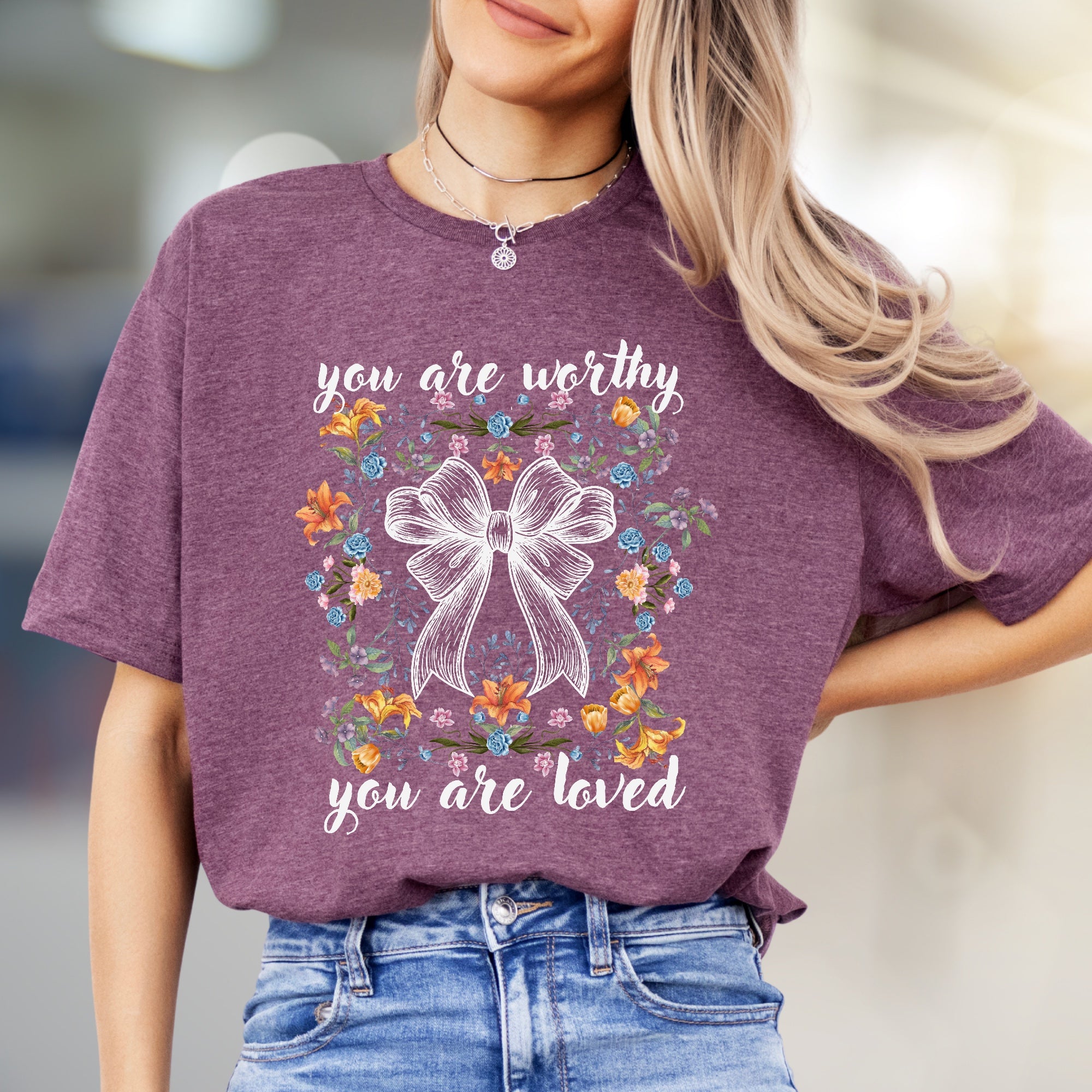 "You Are Worthy, You Are Loved" Floral Bow Graphic Tee, a Self-Love Pick for Women