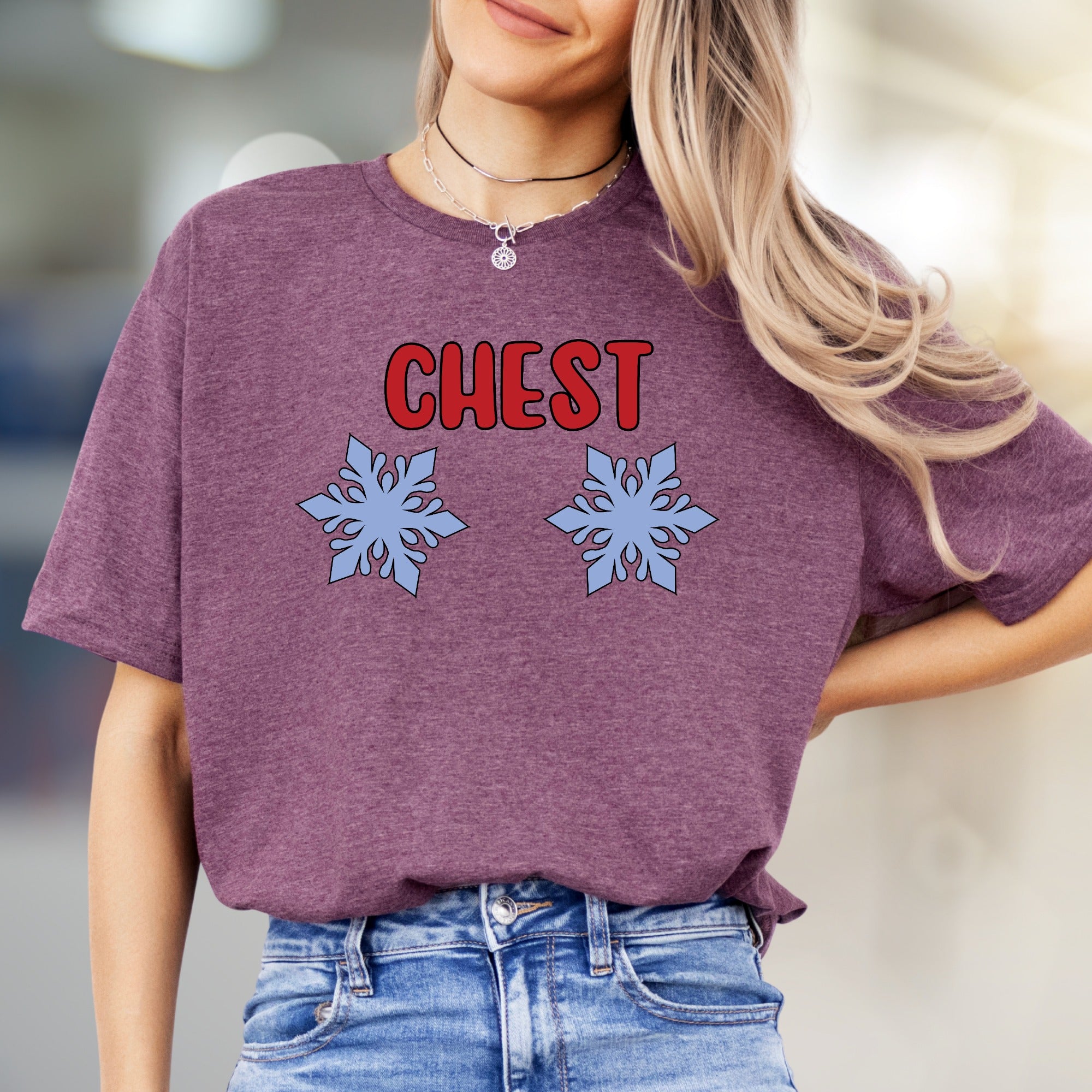 "CHEST" Snowflake Humor Graphic Tee, a Witty Winter Pick for Fun Lovers
