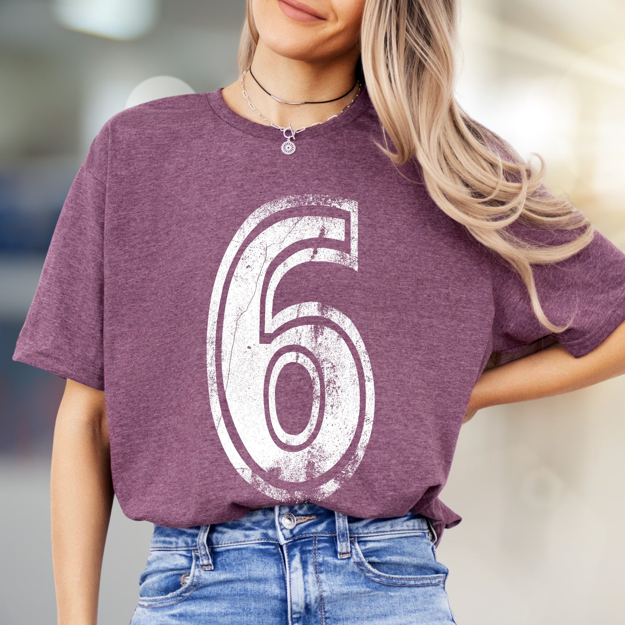 "6" Distressed Number Graphic Tee, a Bold Sporty Pick for Anyone