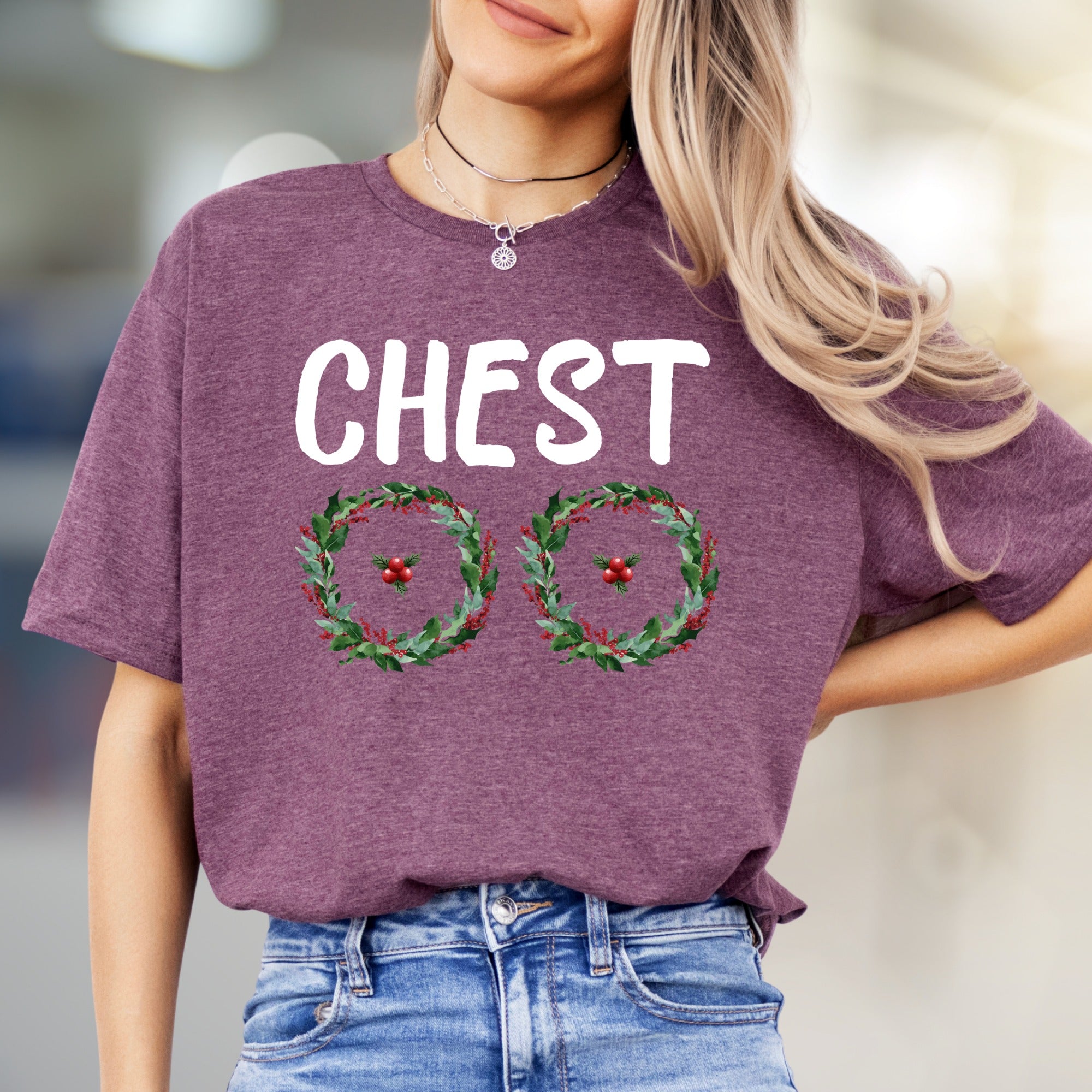 "CHEST" Holiday Wreaths Graphic Tee, a Festive Fun Pick for Christmas Parties