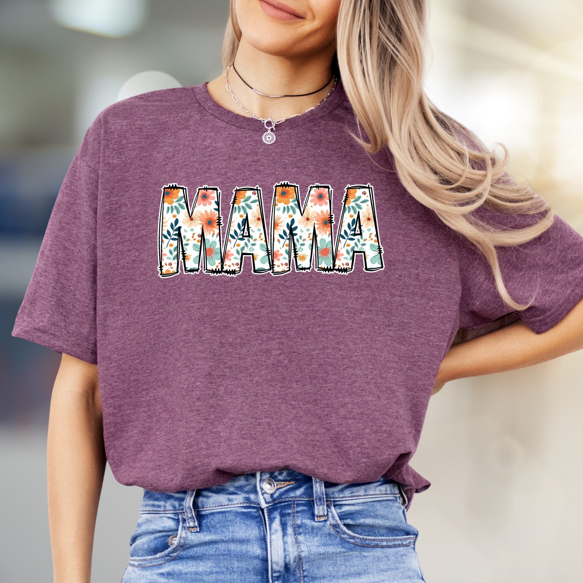 "MAMA" Floral Block Letter Graphic Tee, A Botanical Tribute for Moms