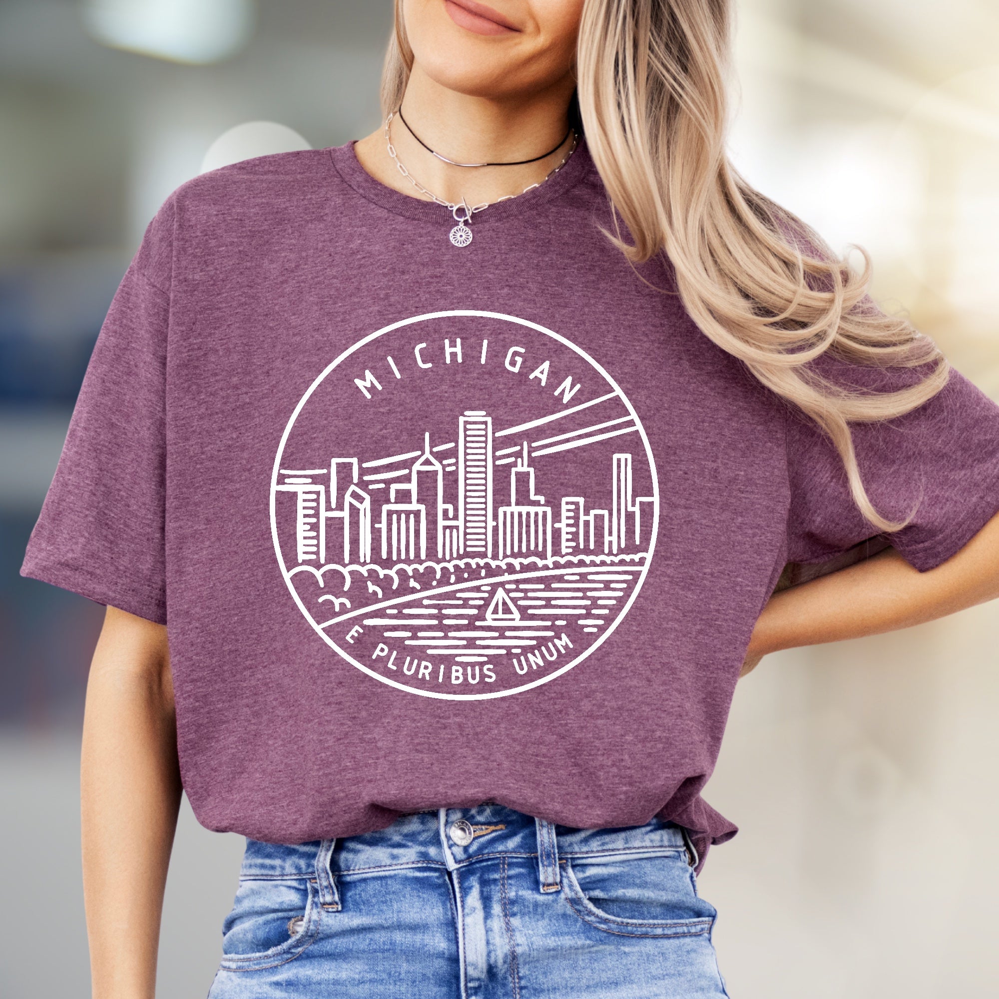 "MICHIGAN E PLURIBUS UNUM" Cityscape Graphic Tee, a State Pride Pick for Travel Enthusiasts