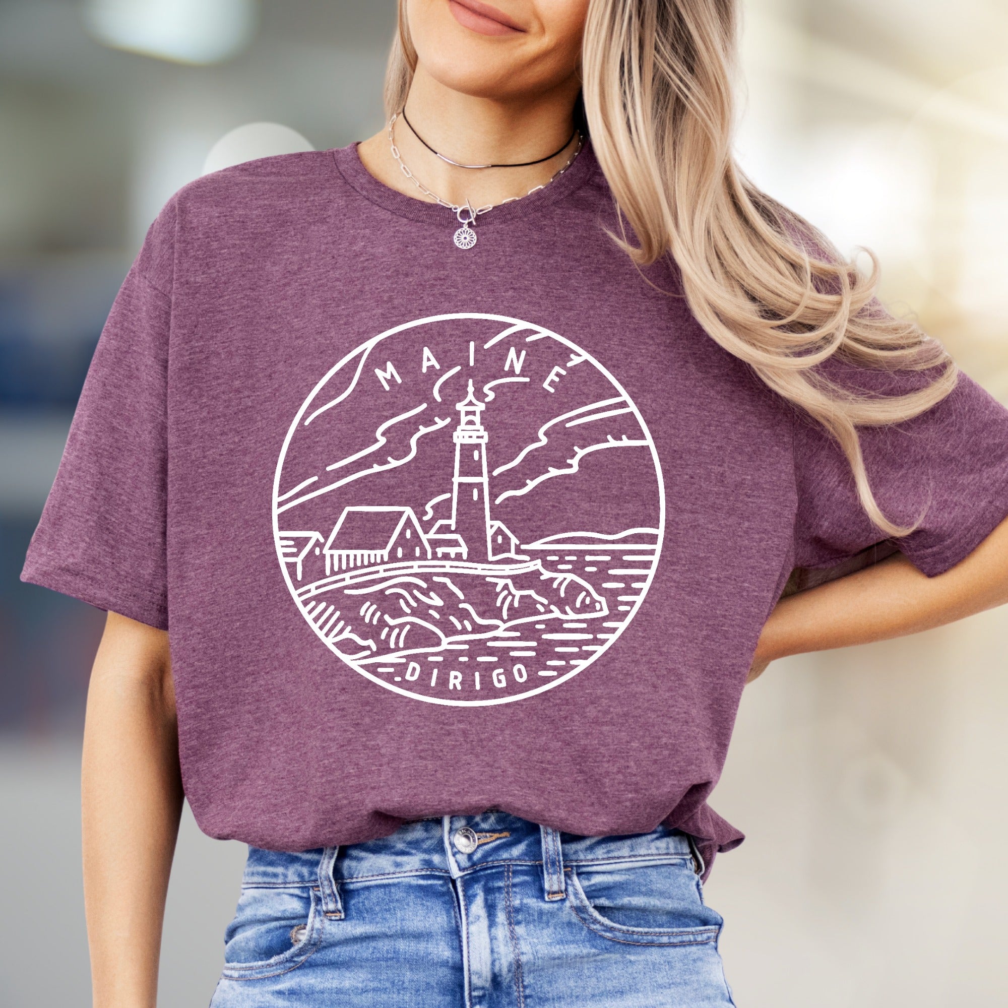 "MAINE DIRIGO" Lighthouse Graphic Tee, a Coastal State Pick for Travelers