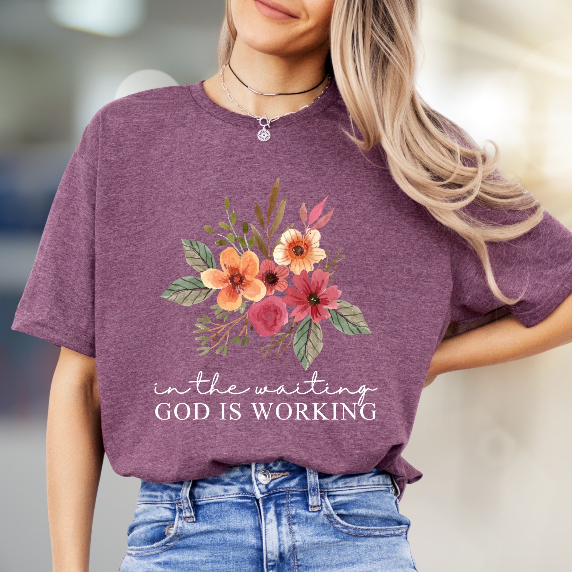 "In The Waiting God Is Working" Floral Graphic Tee, A Faith-Inspired Pick for Believers