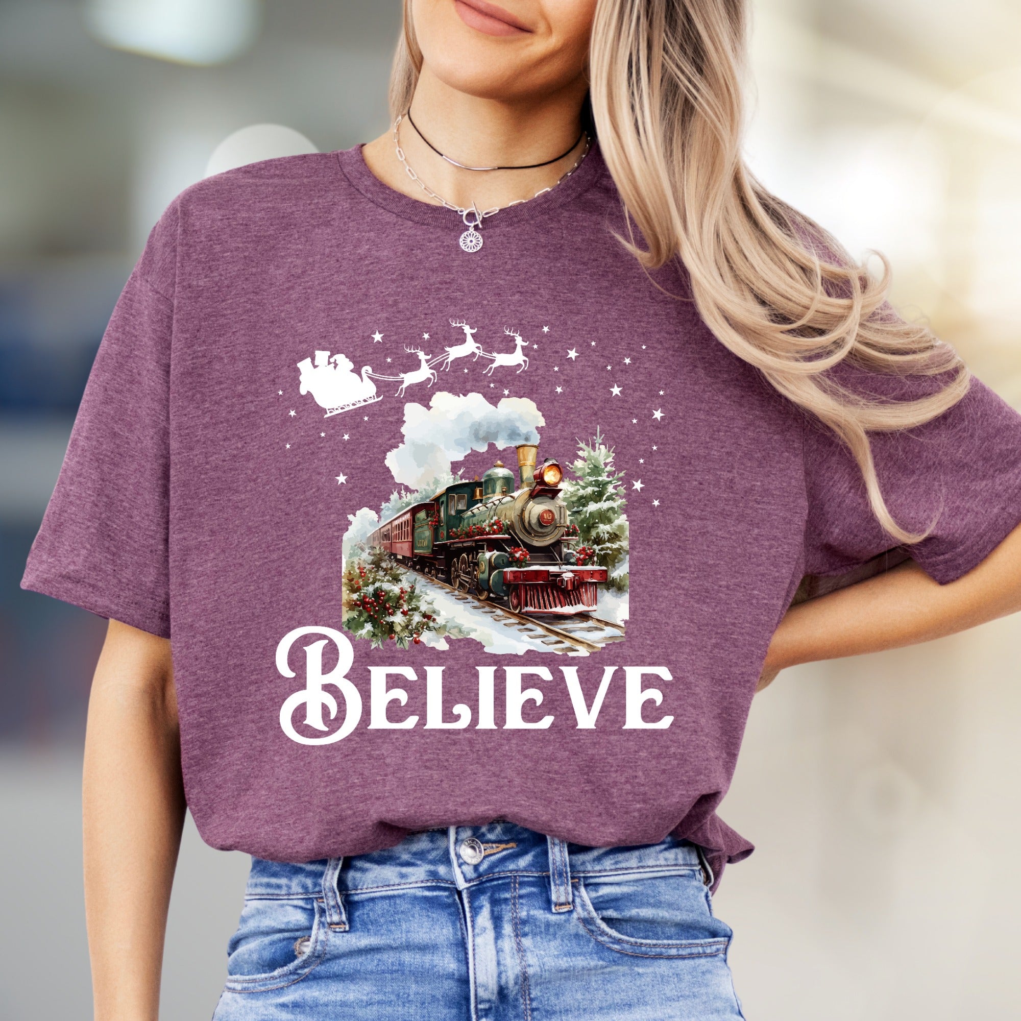 "BELIEVE" Christmas Train Graphic Tee, a Winter Wonderland Pick for Holiday Enthusiasts