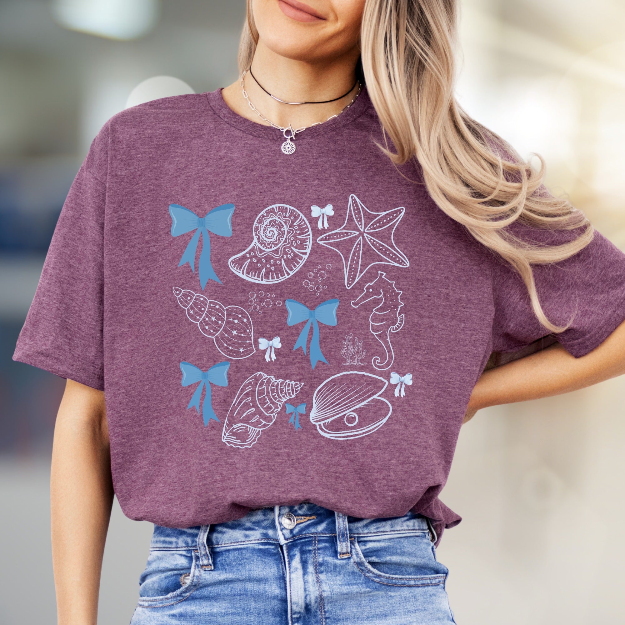 Oceanic Bows & Seashells Graphic Tee, a Whimsical Coastal Pick for Beach Lovers