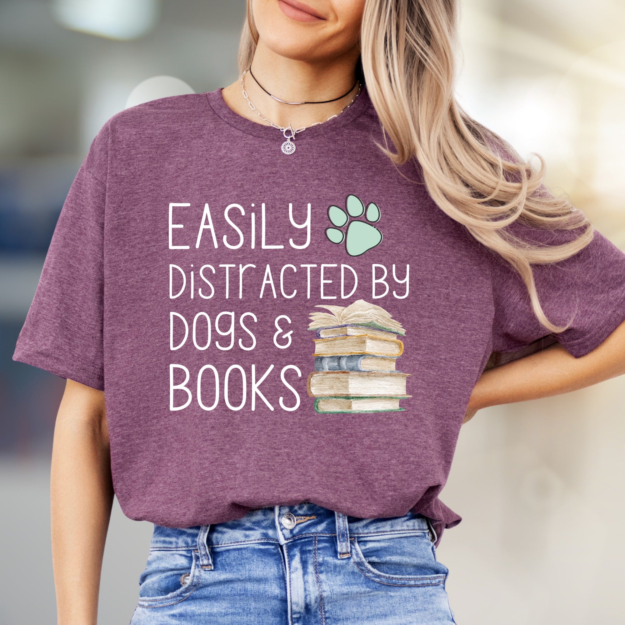 Easily Distracted by Dogs & Books Graphic Tee, A Cozy Librarian's Pick for Book Lovers
