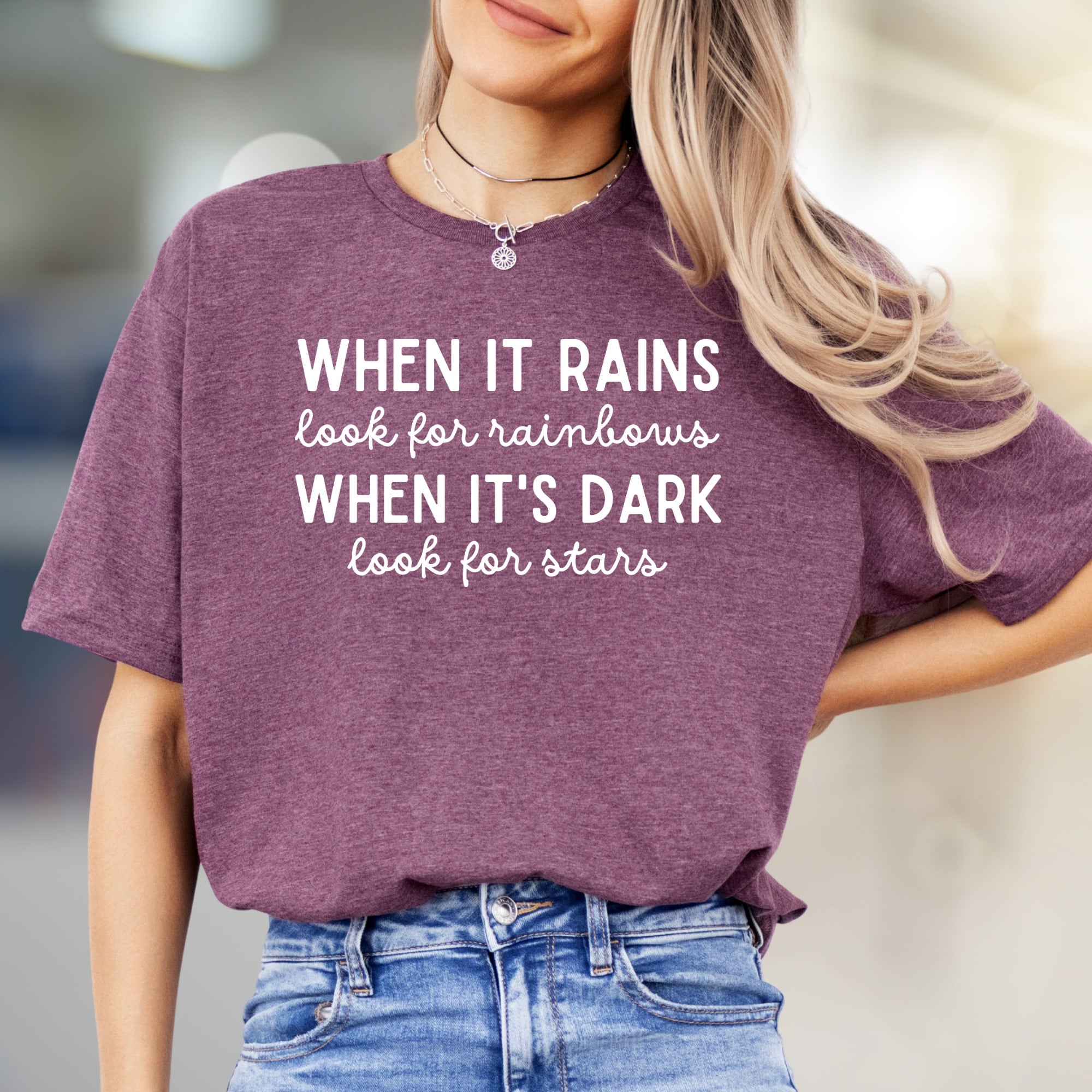 "WHEN IT RAINS look for rainbows" Inspirational Quote Graphic Tee, a Positive Vibe Pick for Optimists