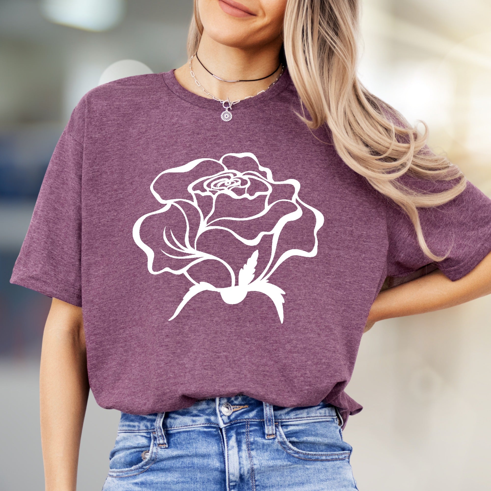 White Outline Rose Graphic Tee, a Floral Art Aesthetic for Everyday Style