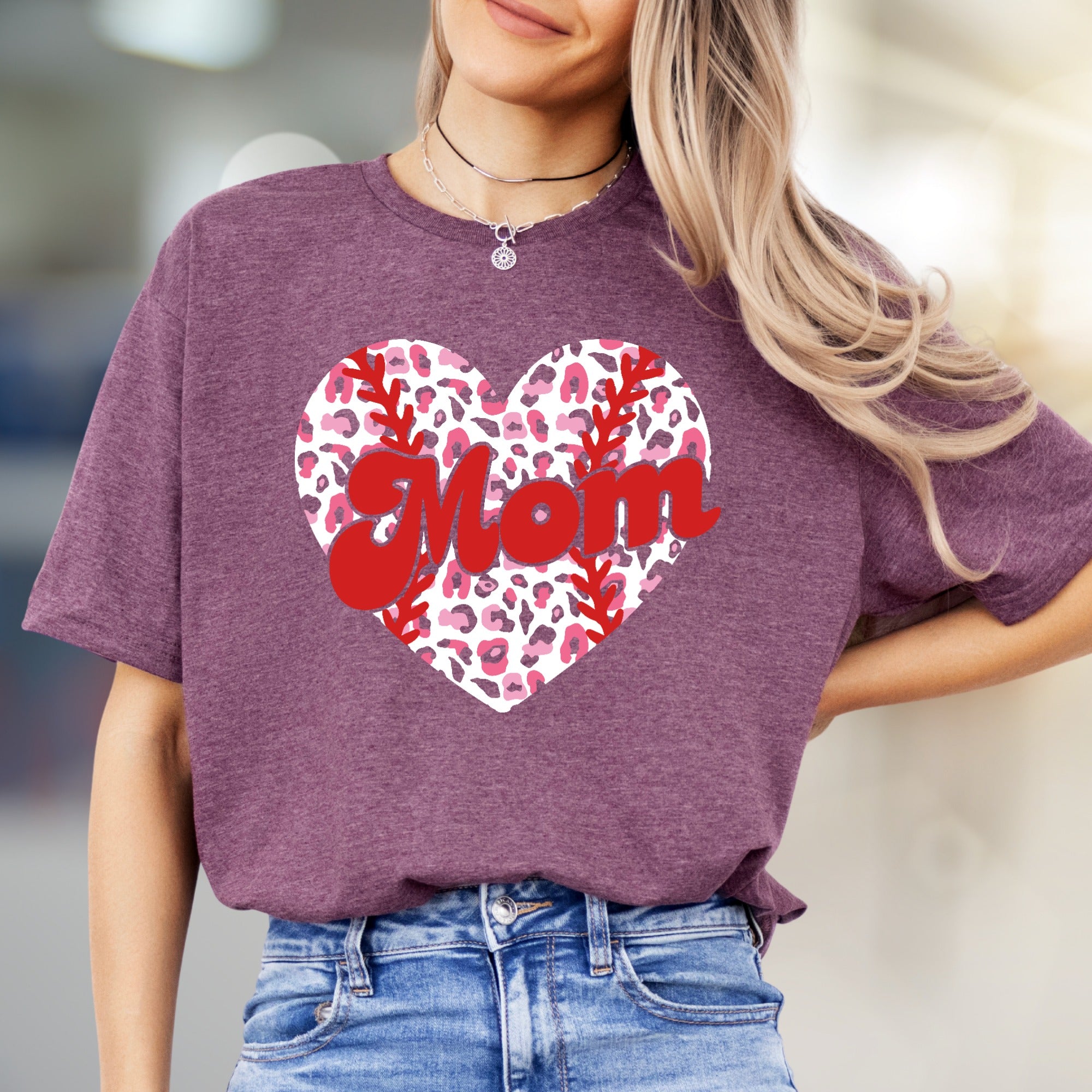 Mom Leopard Print Heart Baseball Graphic Tee, a Trendy Statement for Her