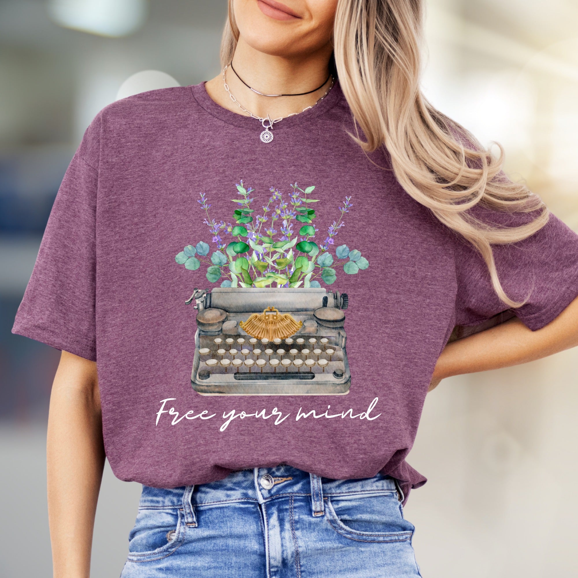 "Free Your Mind" Typewriter Floral Graphic Tee, a Creative Expression Unisex Tee